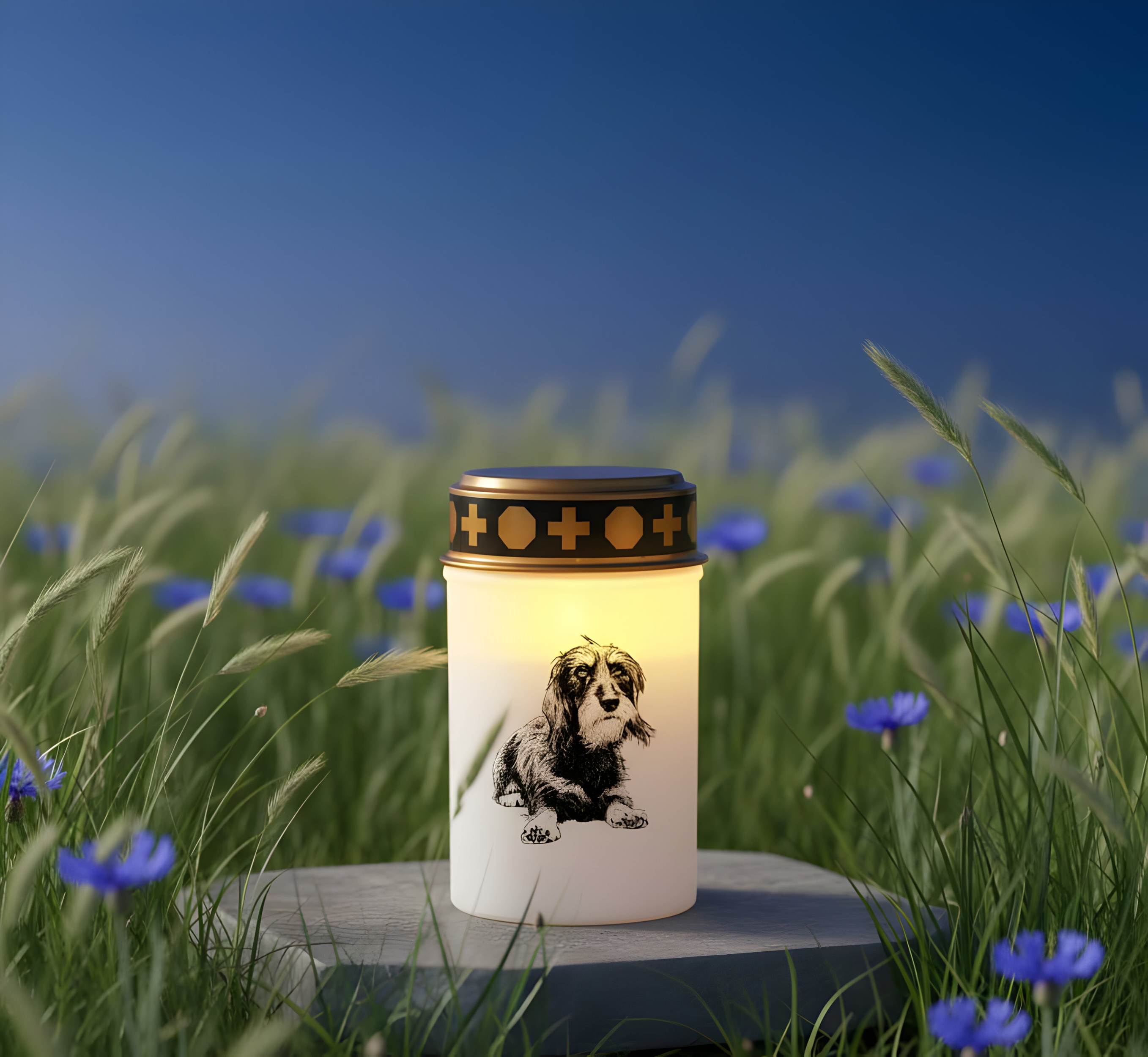 LED Grablicht Hund Grablicht LED mit 2 LR14 Batterien Grabschmuck Hund in Rot oder Weiß, verschiedene Motive zur Auswahl