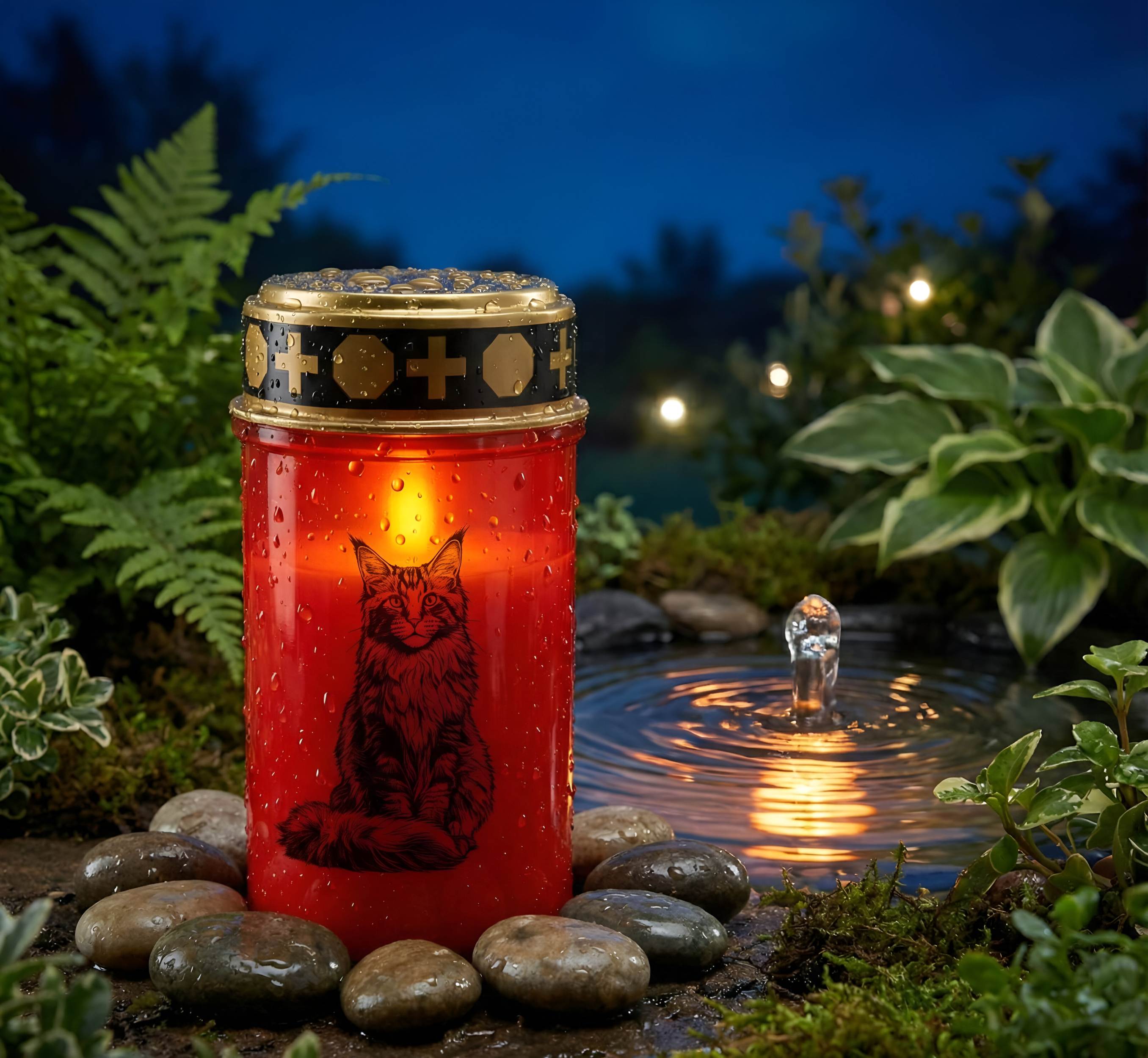 LED Grablicht Katze Grablicht LED Grabschmuck Katze in Rot oder Weiß mit verschiedenen Katzenmotiven und 2 Batterien für Tiergrab und Gedenkplatz