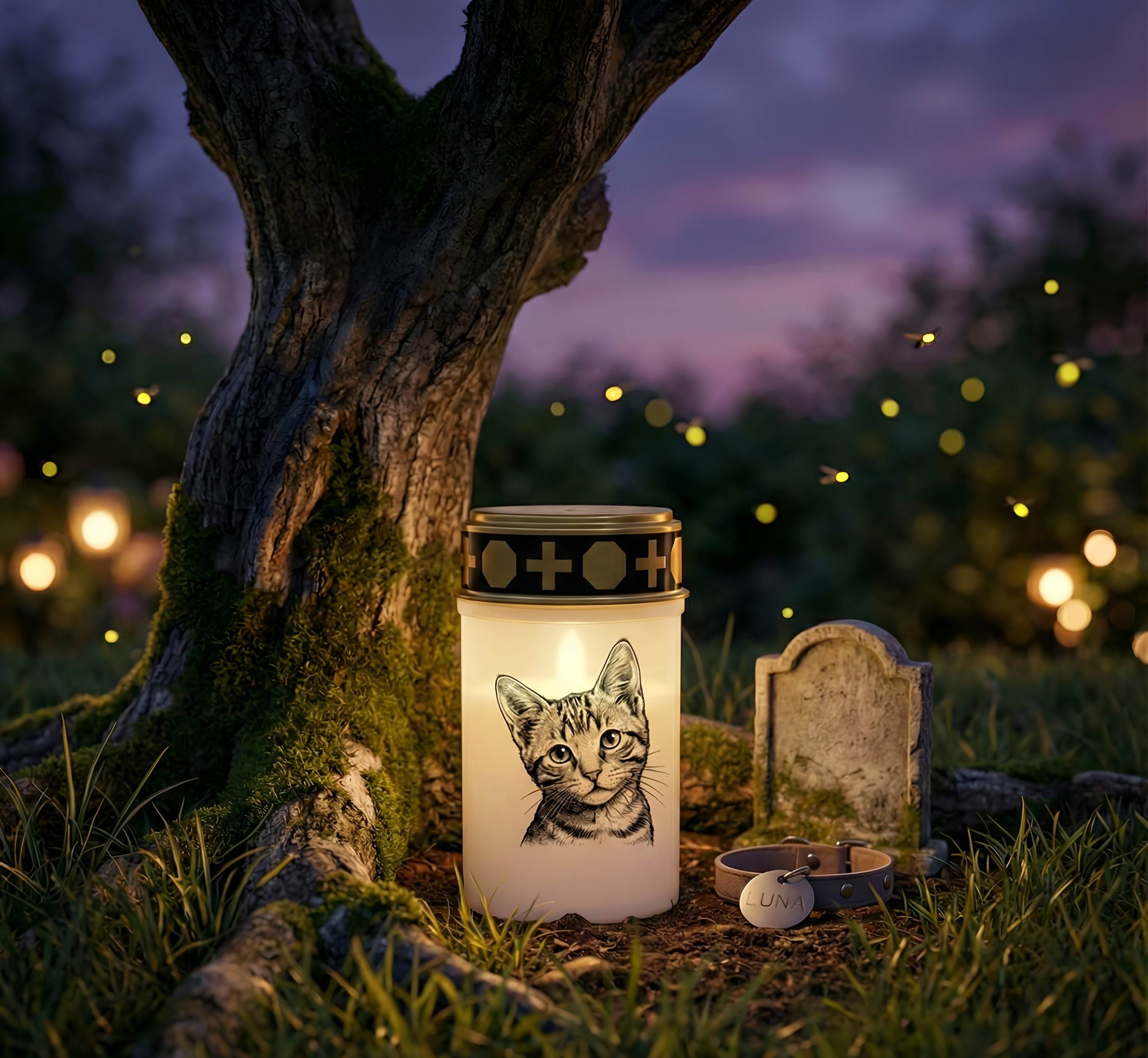 LED Grablicht Katze Grablicht LED Grabschmuck Katze in Rot oder Weiß mit verschiedenen Katzenmotiven und 2 Batterien für Tiergrab und Gedenkplatz