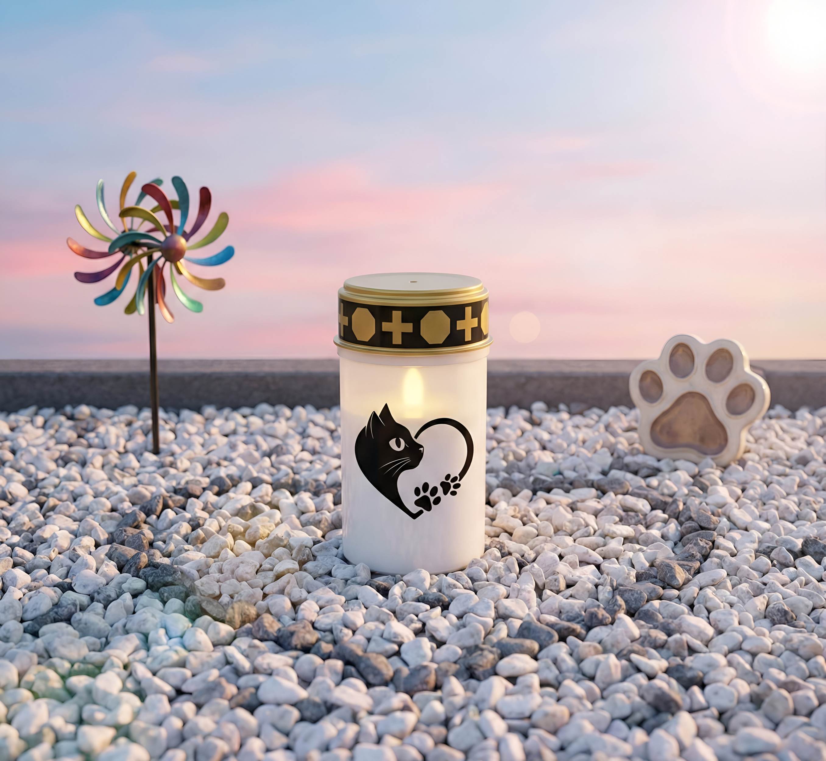 LED Grablicht Katze Grablicht LED Grabschmuck Katze in Rot oder Weiß mit verschiedenen Katzenmotiven und 2 Batterien für Tiergrab und Gedenkplatz