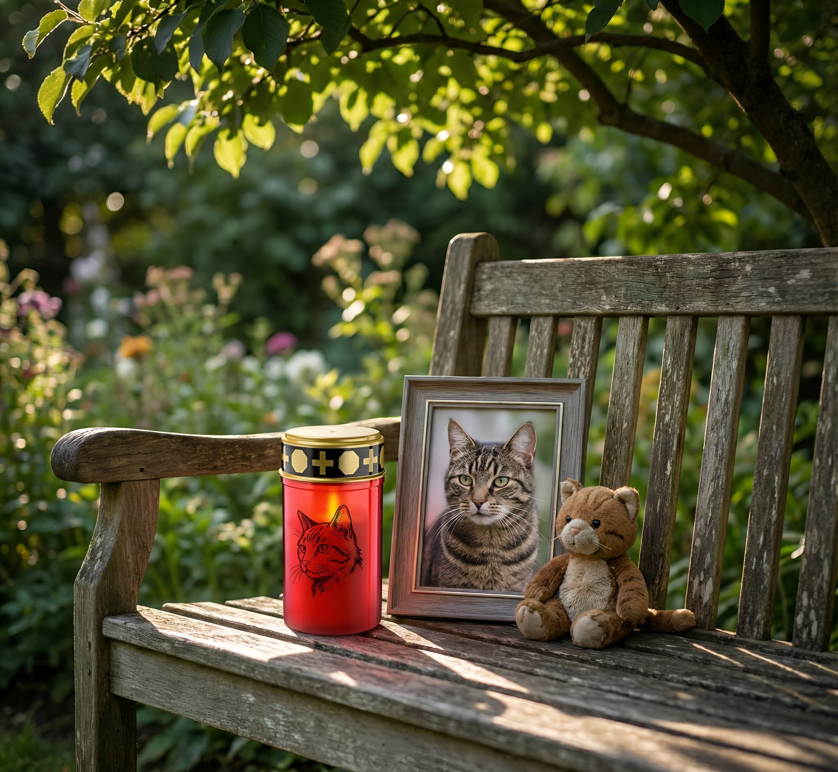 LED Grablicht Katze Grablicht LED Grabschmuck Katze in Rot oder Weiß mit verschiedenen Katzenmotiven und 2 Batterien für Tiergrab und Gedenkplatz