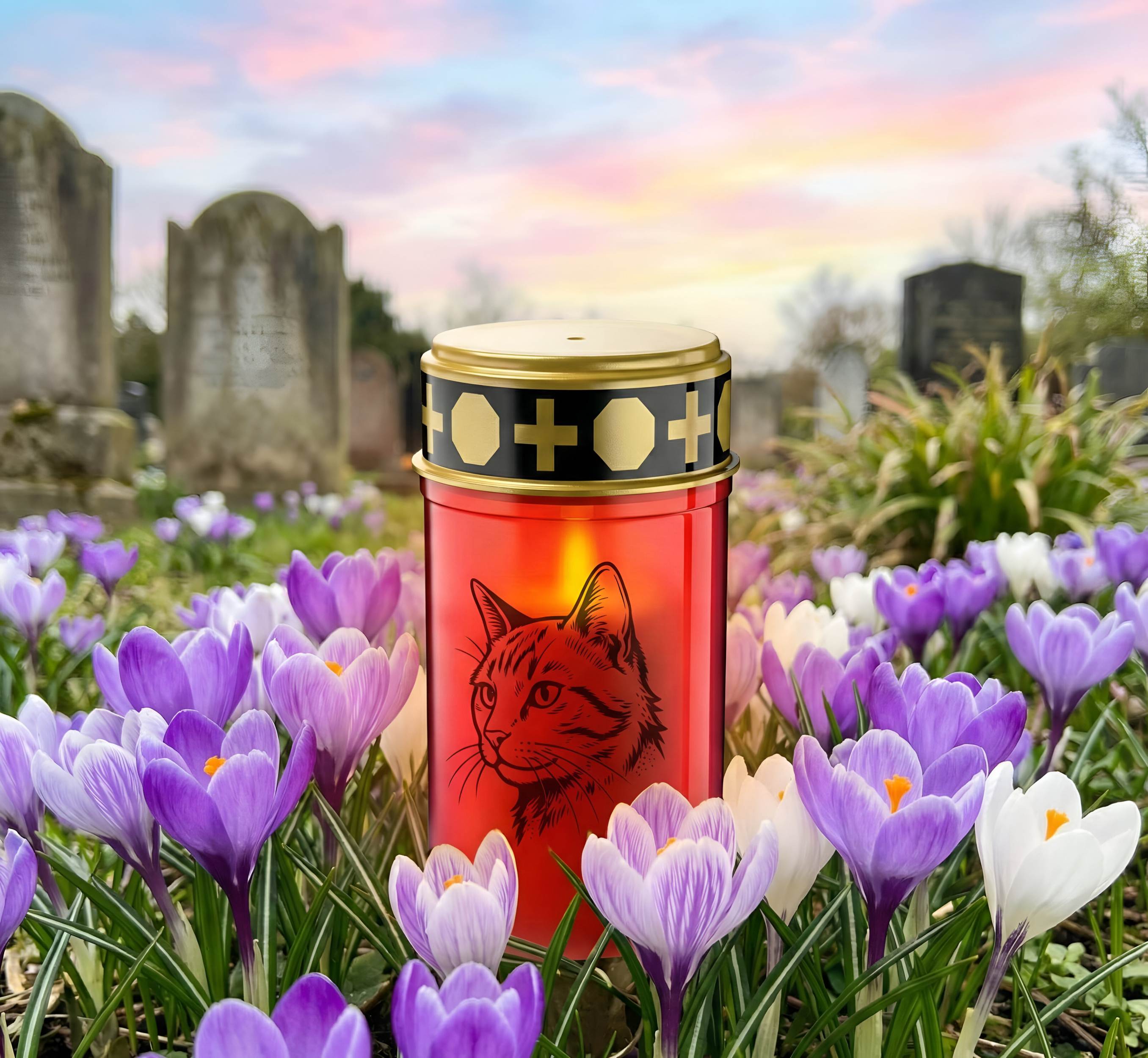 LED Grablicht Katze Grablicht LED Grabschmuck Katze in Rot oder Weiß mit verschiedenen Katzenmotiven und 2 Batterien für Tiergrab und Gedenkplatz