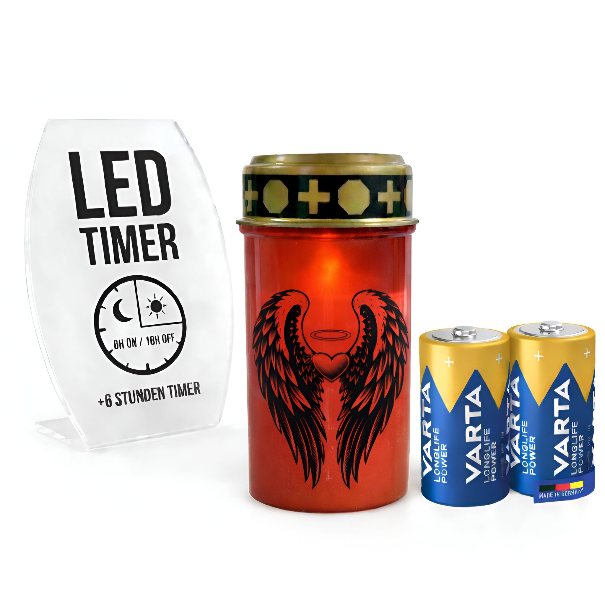 LED Grablicht mit Timer & Motivwahl - Grabkerze LED inklusive 2× Varta Longlife Batterie C für lange Laufzeit