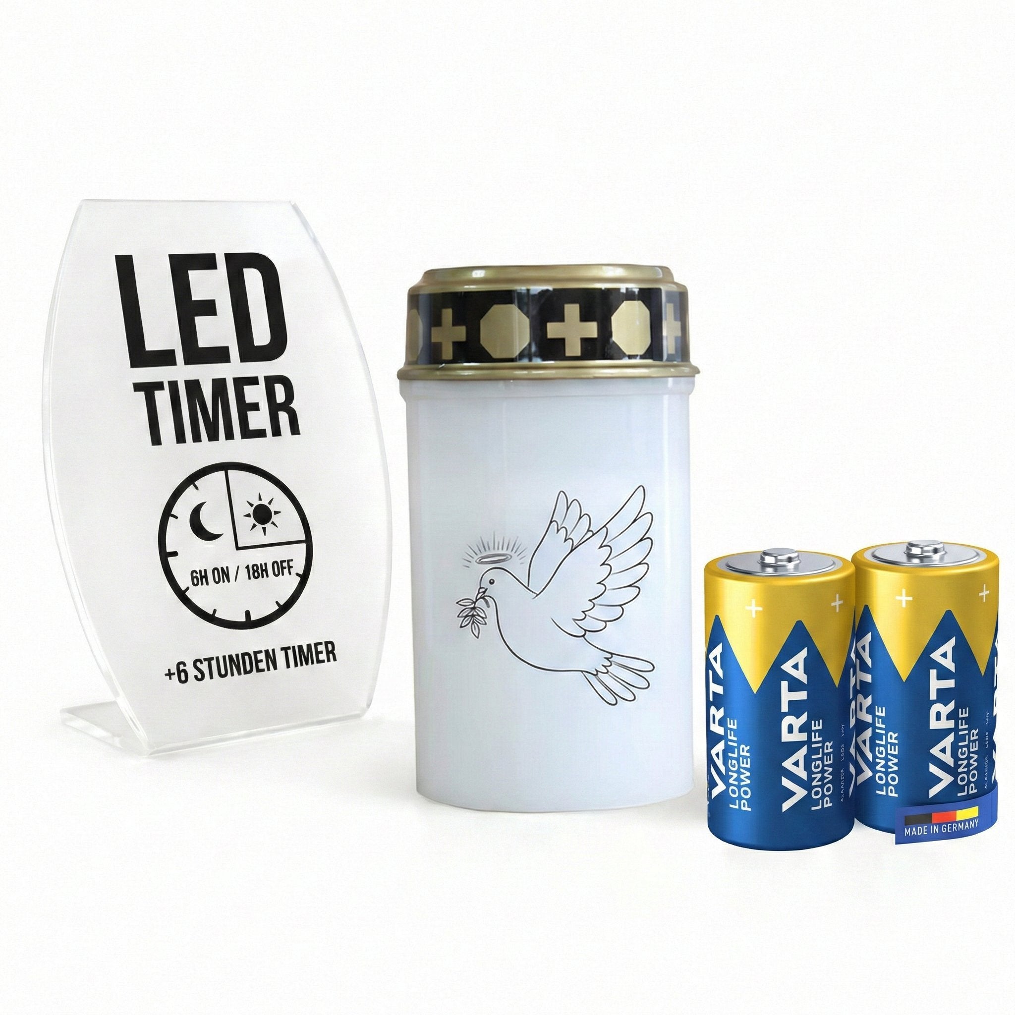 LED Grablicht mit Timer & Motivwahl - Grabkerze LED inklusive 2× Varta Longlife Batterie C für lange Laufzeit