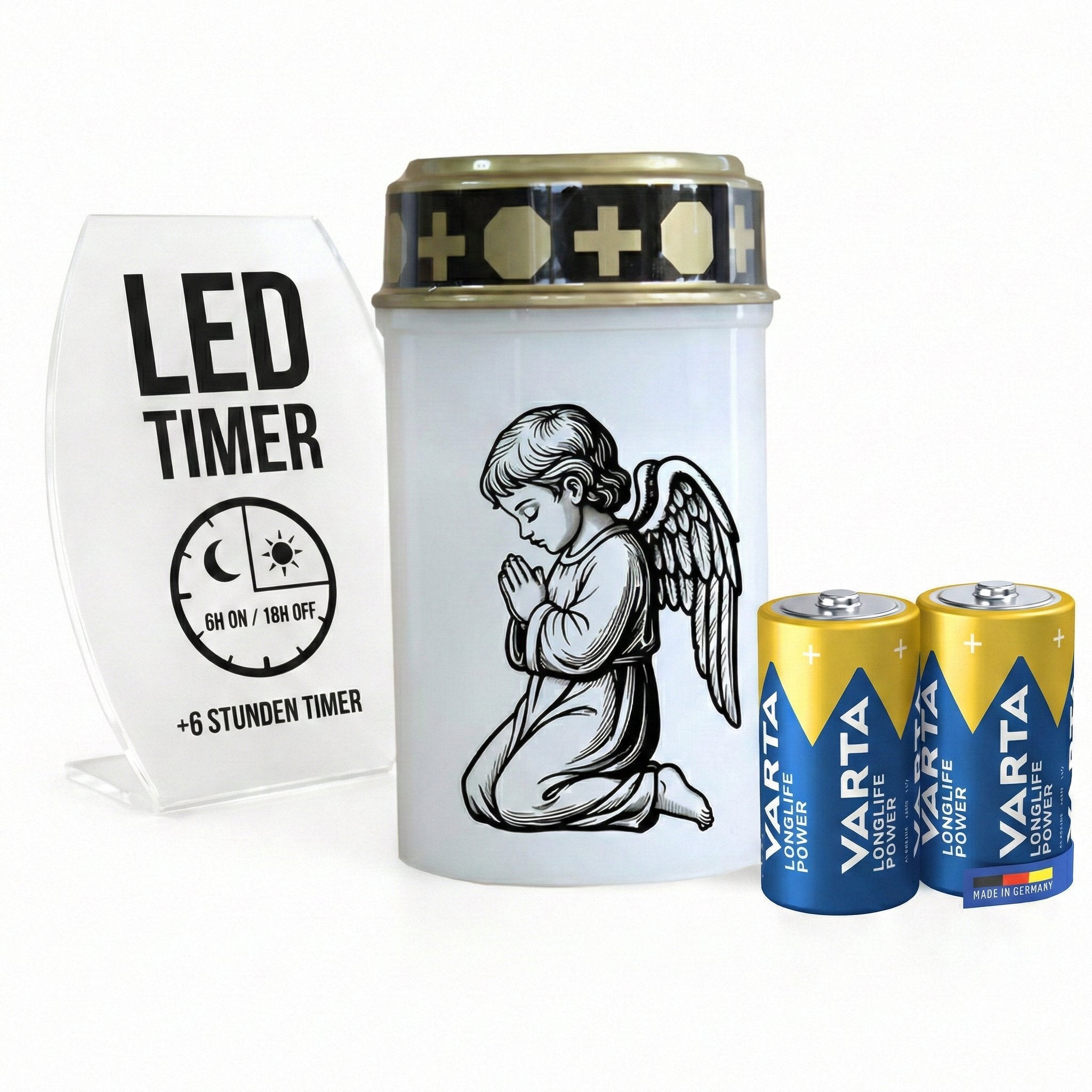 LED Grablicht mit Timer & Motivwahl - Grabkerze LED inklusive 2× Varta Longlife Batterie C für lange Laufzeit