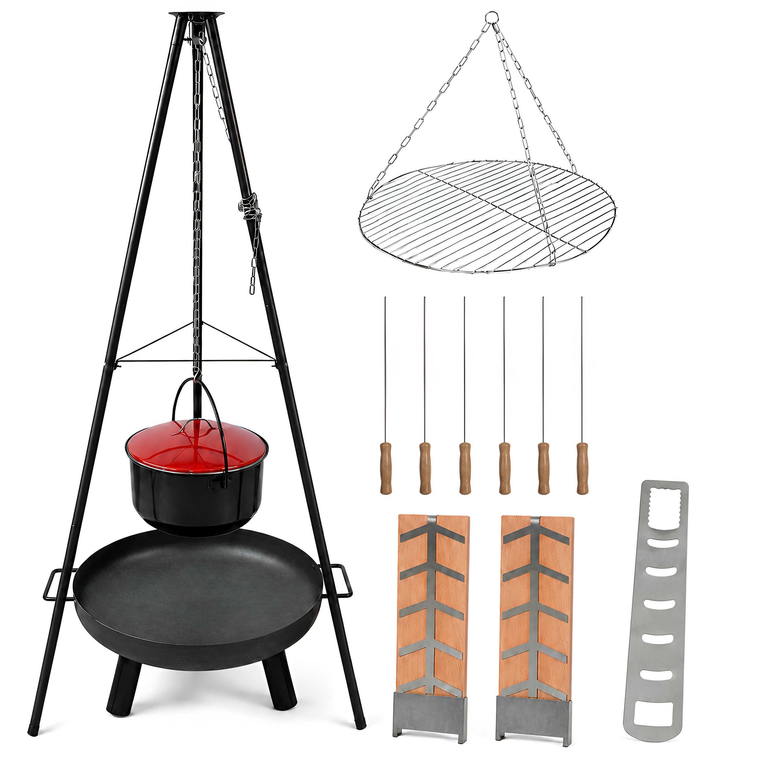 Feuerschale mit Grillrost 6 in 1 Schwenkgrill Set Oslo für Flammlachs Stockbrot Glühwein Feuerzangenbowle Outdoor Kochen