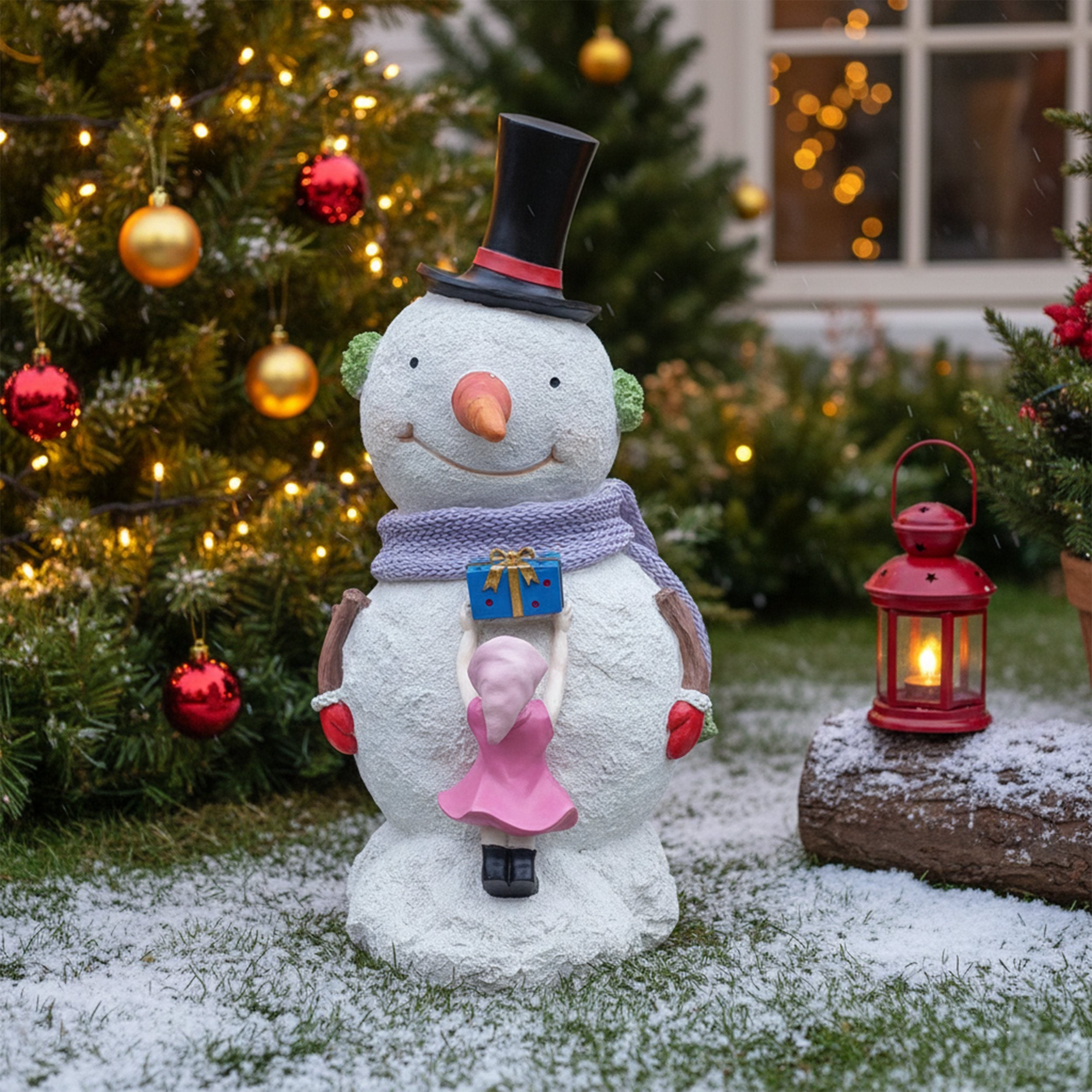 Große Schneemann Weihnachtsfigur mit Kind und Präsent – Detailreiche Winter-Dekoration für den Garten