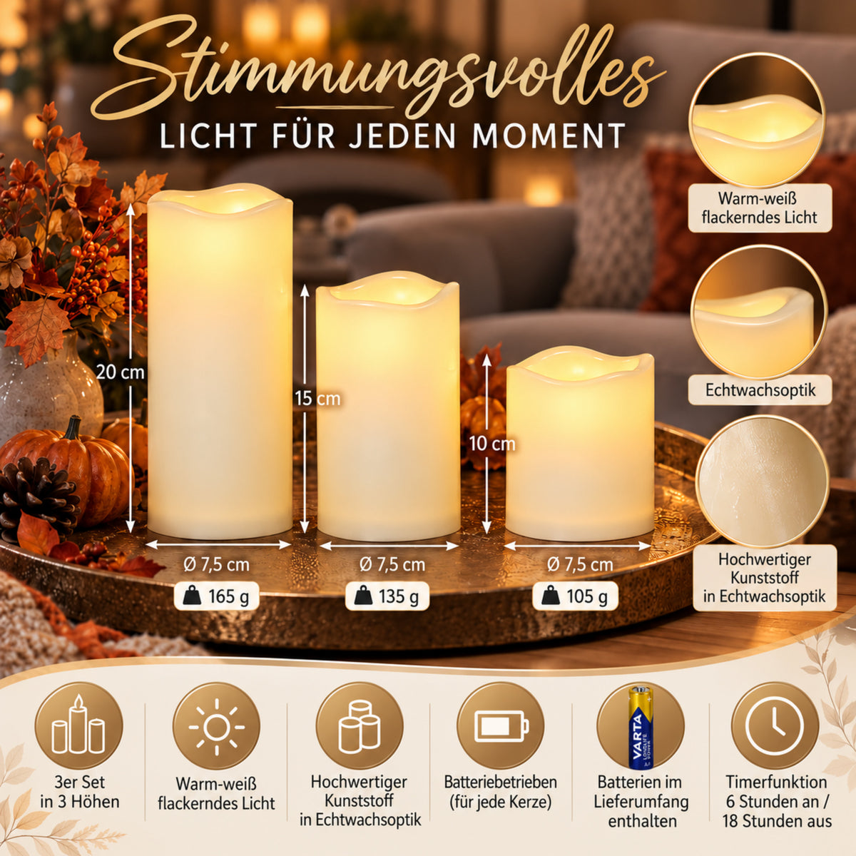LED Kerzen 3er Set Outdoor Echtwachs Optik mit Timer und Varta Batterien inklusive flackernd warmweiß elfenbein