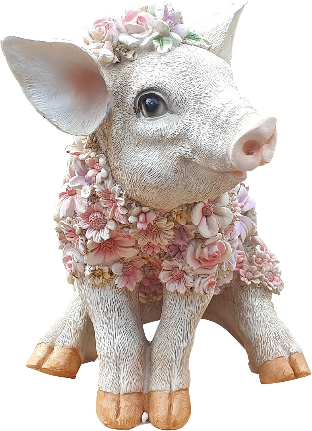 Schwein Dekofigur Schweinchen Tierfigur sitzend mit Blumendekor Gartenfigur