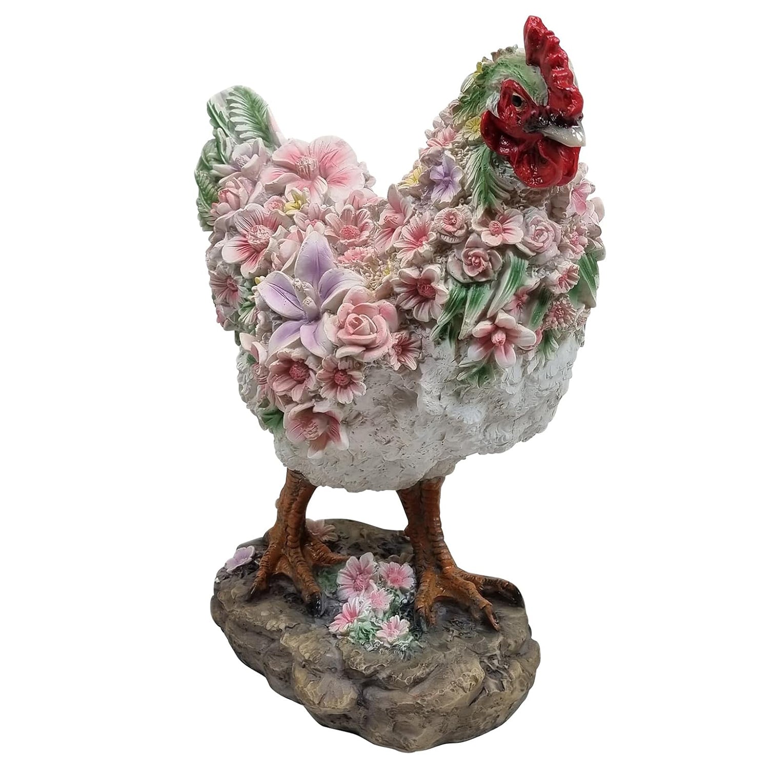 Huhn Henne Tierfigur Huhnfigur stehend mit Blumendekor Gartenfigur Dekofigur