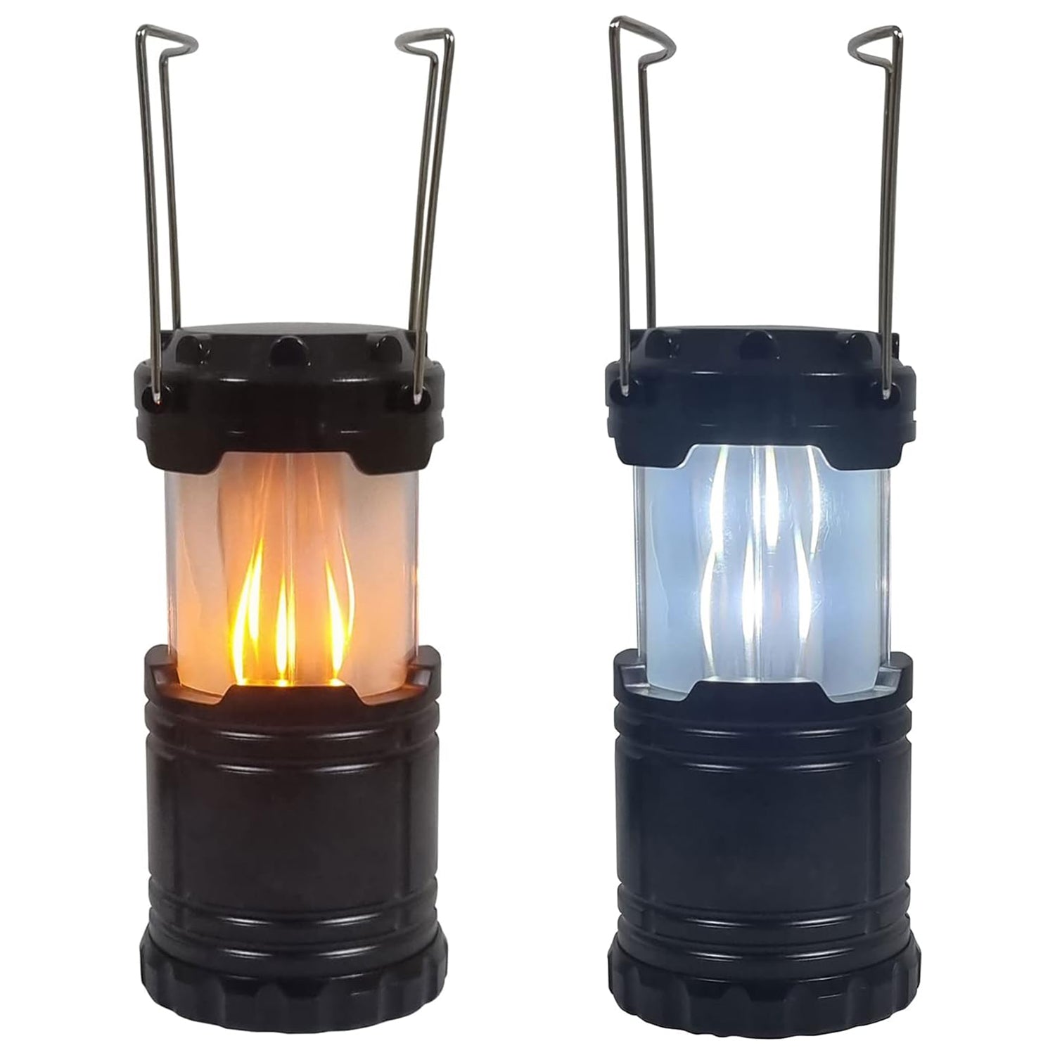 LED Camping Laterne 2 in 1 mit Flammeneffekt - Tragbare Outdoor Lampe, Kaltweißes Licht und Flackerlicht