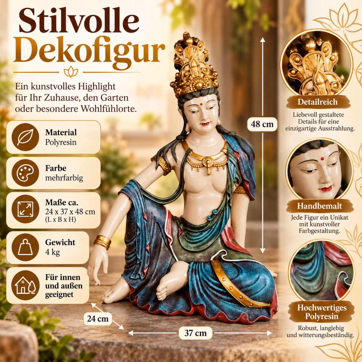 Buddha Figur sitzend groß mit Krone handbemalt aus Polyresin wetterbeständige Buddha Statue für Garten Terrasse Balkon und Wohnzimmer