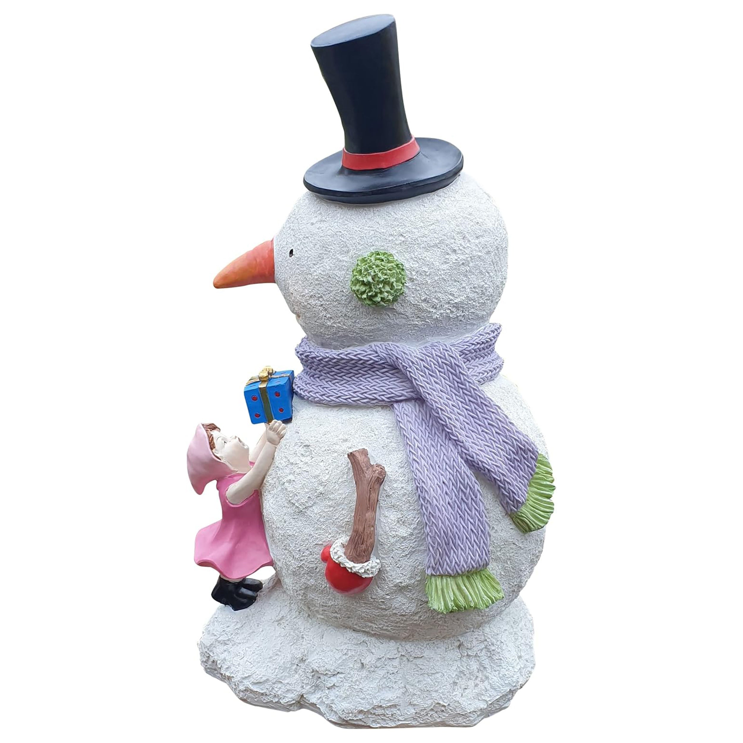 Große Schneemann Weihnachtsfigur mit Kind und Präsent – Detailreiche Winter-Dekoration für den Garten