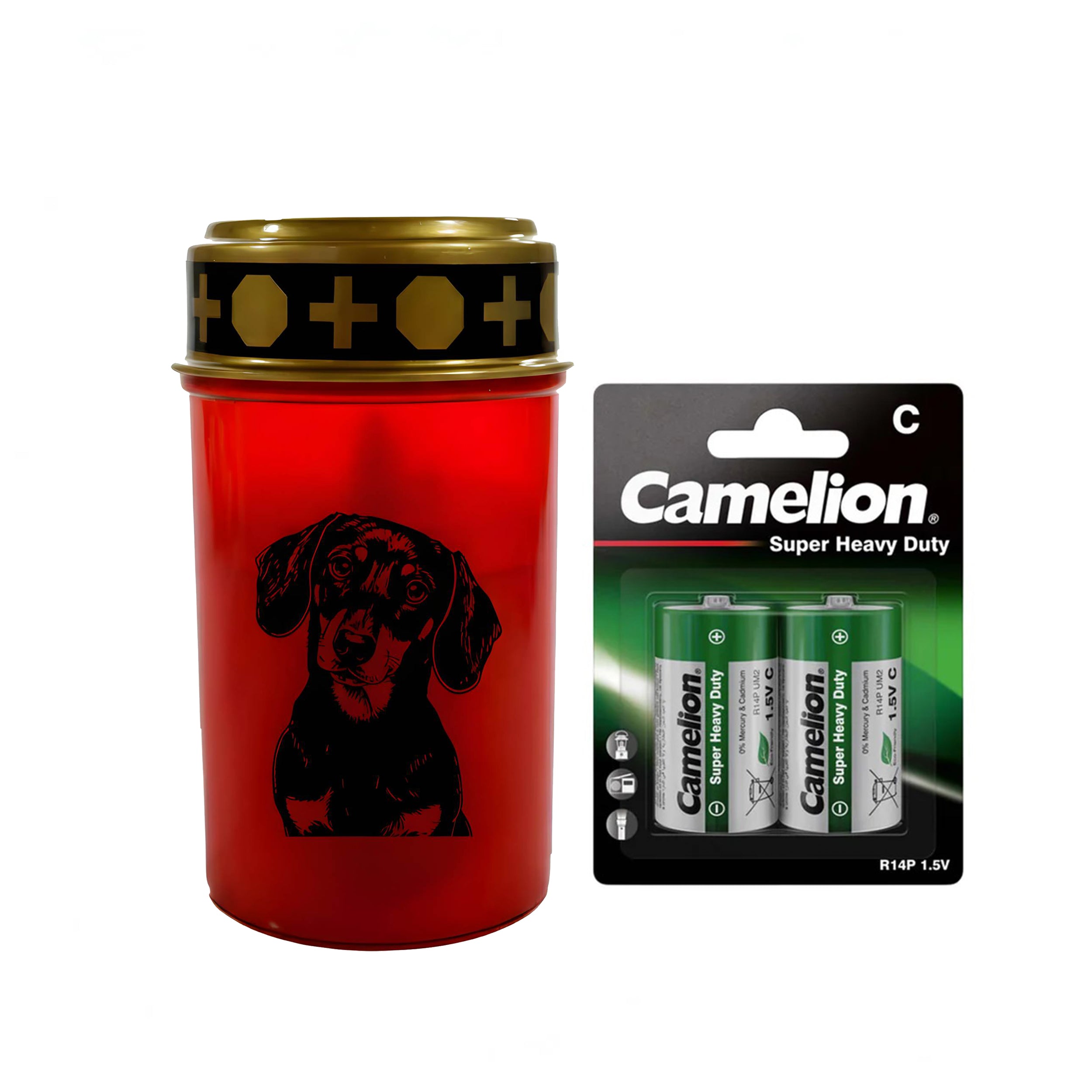 LED Grablicht Hund Grablicht LED mit 2 LR14 Batterien Grabschmuck Hund in Rot oder Weiß, verschiedene Motive zur Auswahl