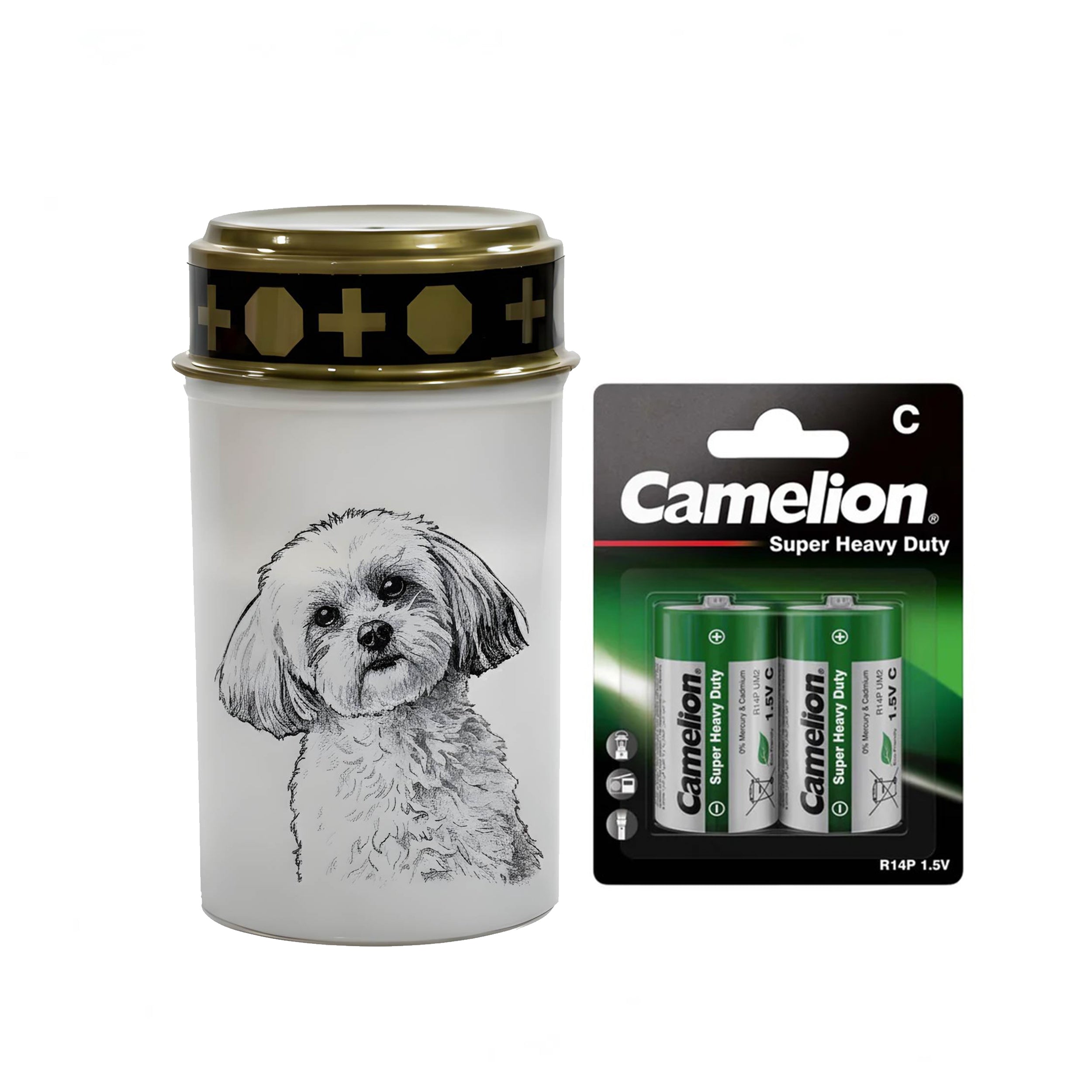 LED Grablicht Hund Grablicht LED mit 2 LR14 Batterien Grabschmuck Hund in Rot oder Weiß, verschiedene Motive zur Auswahl