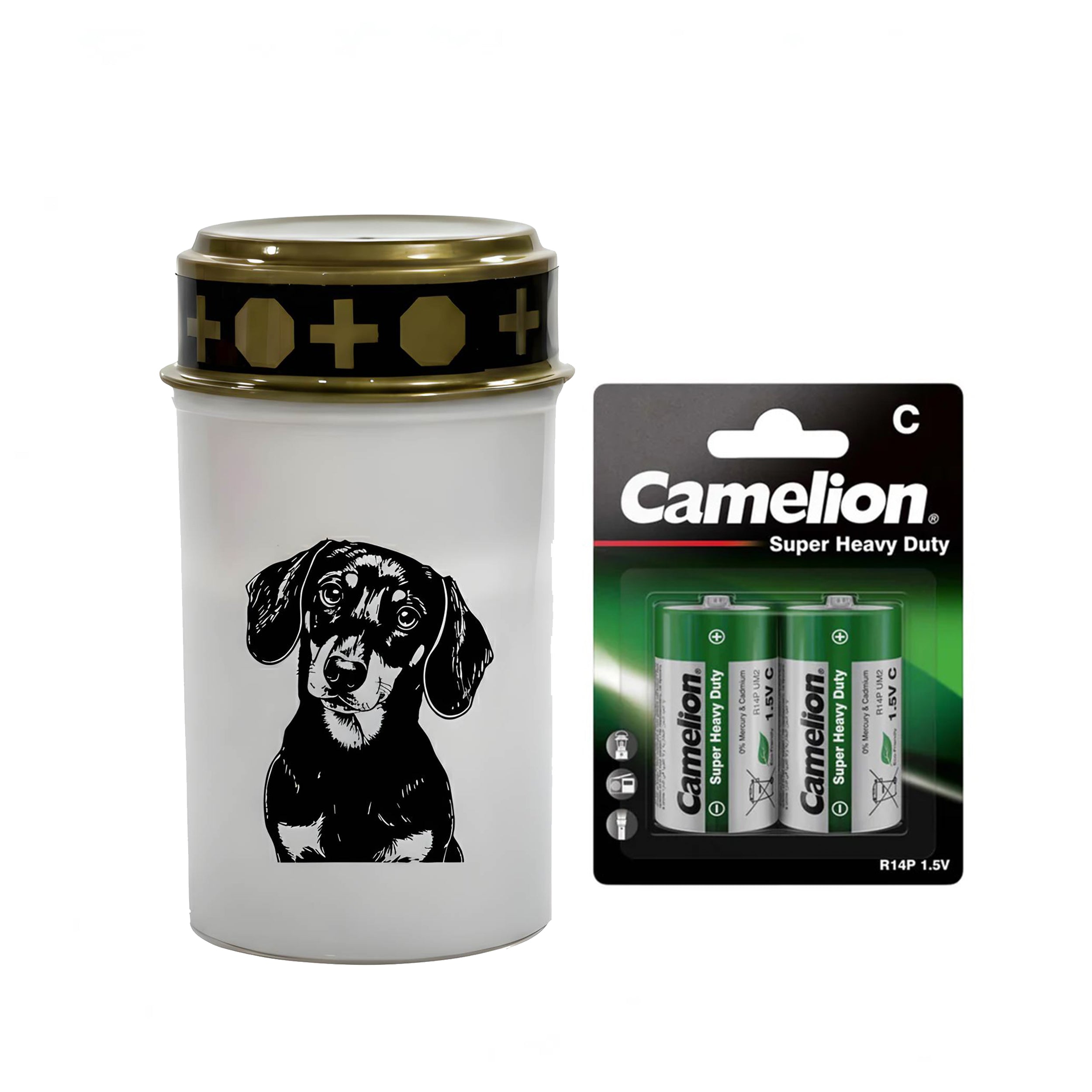 LED Grablicht Hund Grablicht LED mit 2 LR14 Batterien Grabschmuck Hund in Rot oder Weiß, verschiedene Motive zur Auswahl