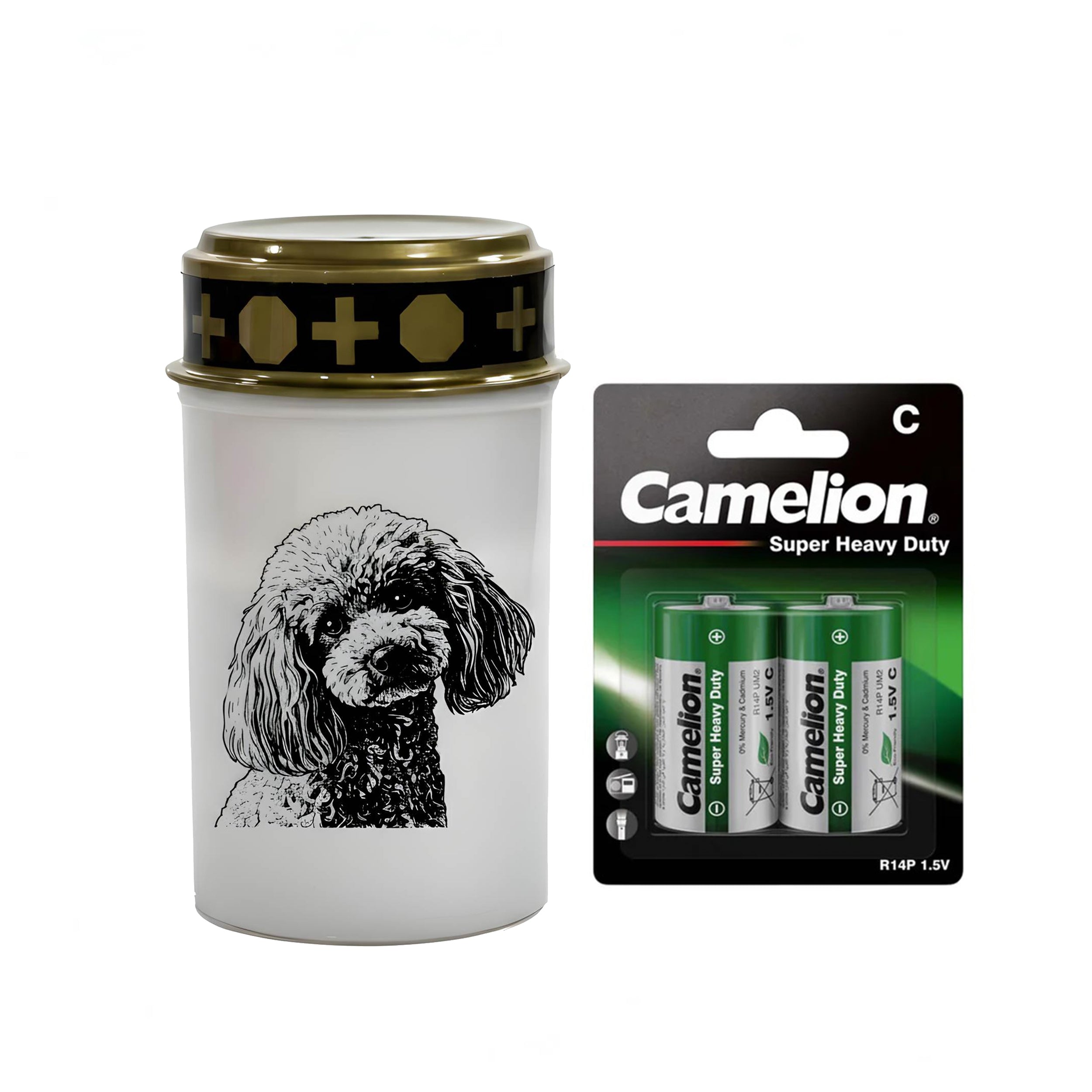 LED Grablicht Hund Grablicht LED mit 2 LR14 Batterien Grabschmuck Hund in Rot oder Weiß, verschiedene Motive zur Auswahl