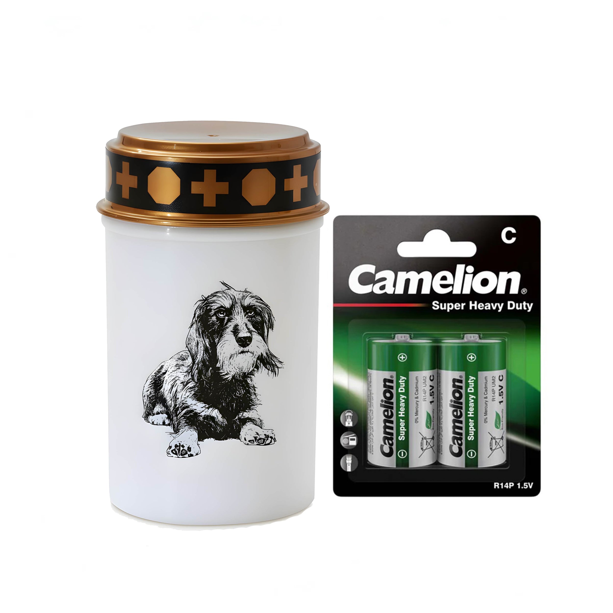 LED Grablicht Hund Grablicht LED mit 2 LR14 Batterien Grabschmuck Hund in Rot oder Weiß, verschiedene Motive zur Auswahl