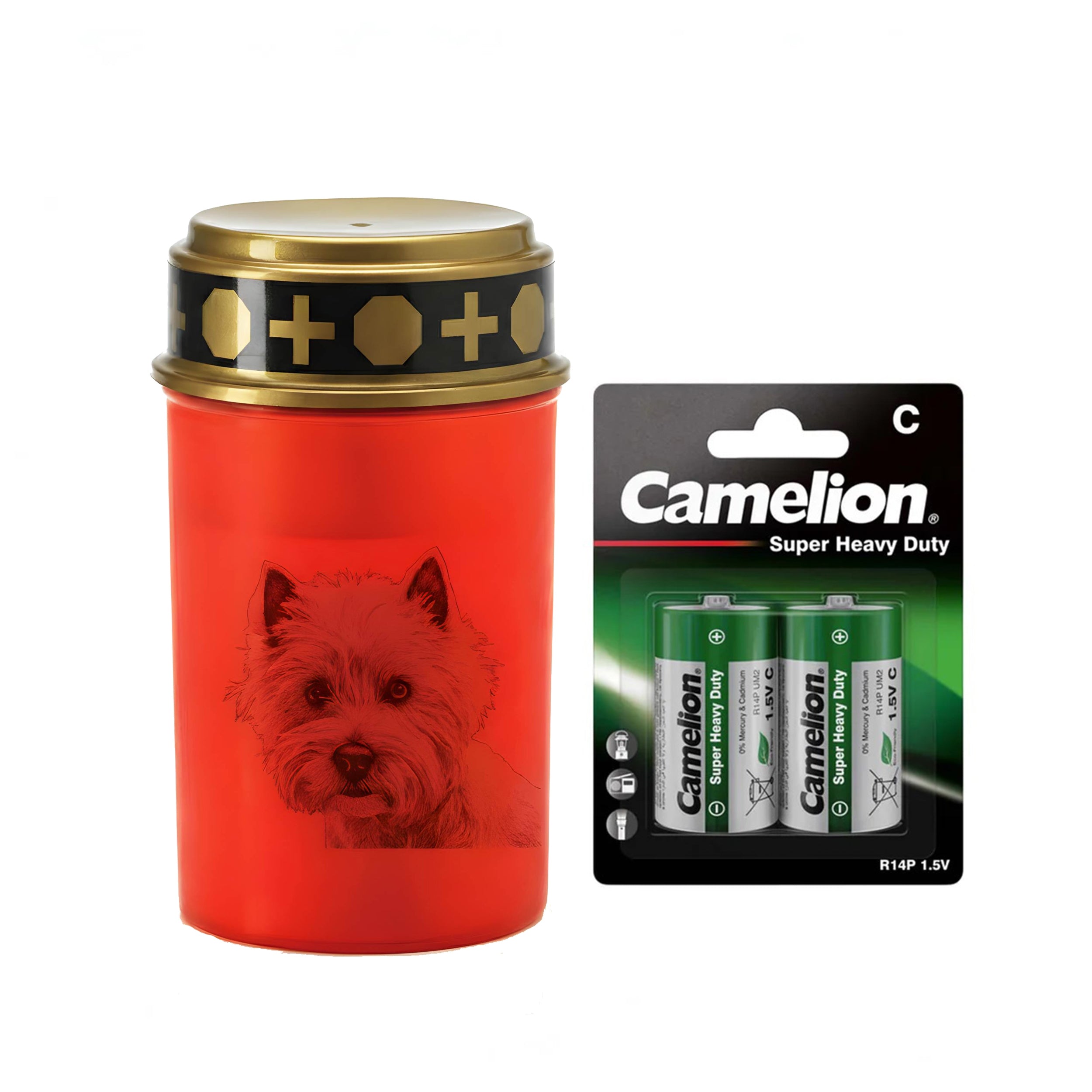 LED Grablicht Hund Grablicht LED mit 2 LR14 Batterien Grabschmuck Hund in Rot oder Weiß, verschiedene Motive zur Auswahl