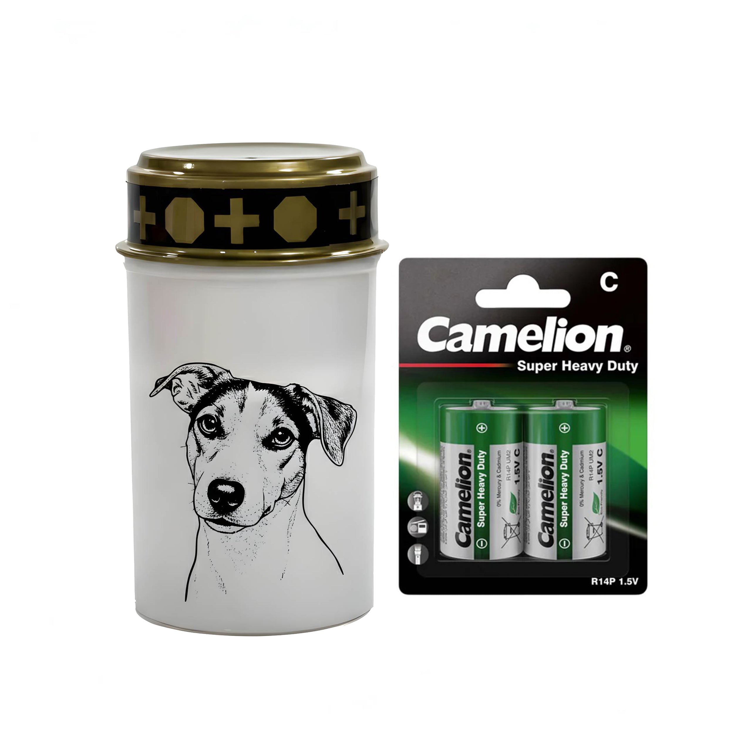 LED Grablicht Hund Grablicht LED mit 2 LR14 Batterien Grabschmuck Hund in Rot oder Weiß, verschiedene Motive zur Auswahl