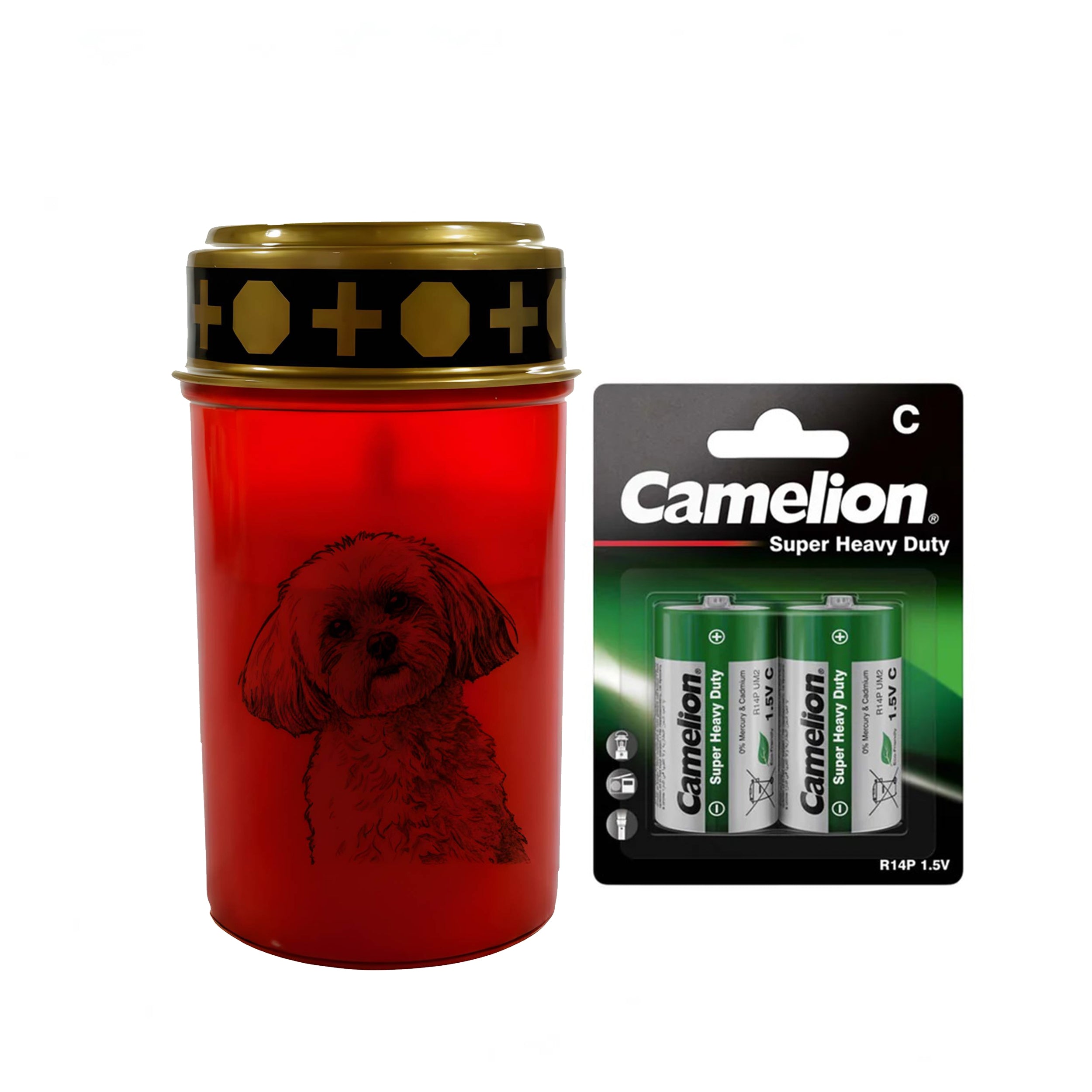 LED Grablicht Hund Grablicht LED mit 2 LR14 Batterien Grabschmuck Hund in Rot oder Weiß, verschiedene Motive zur Auswahl