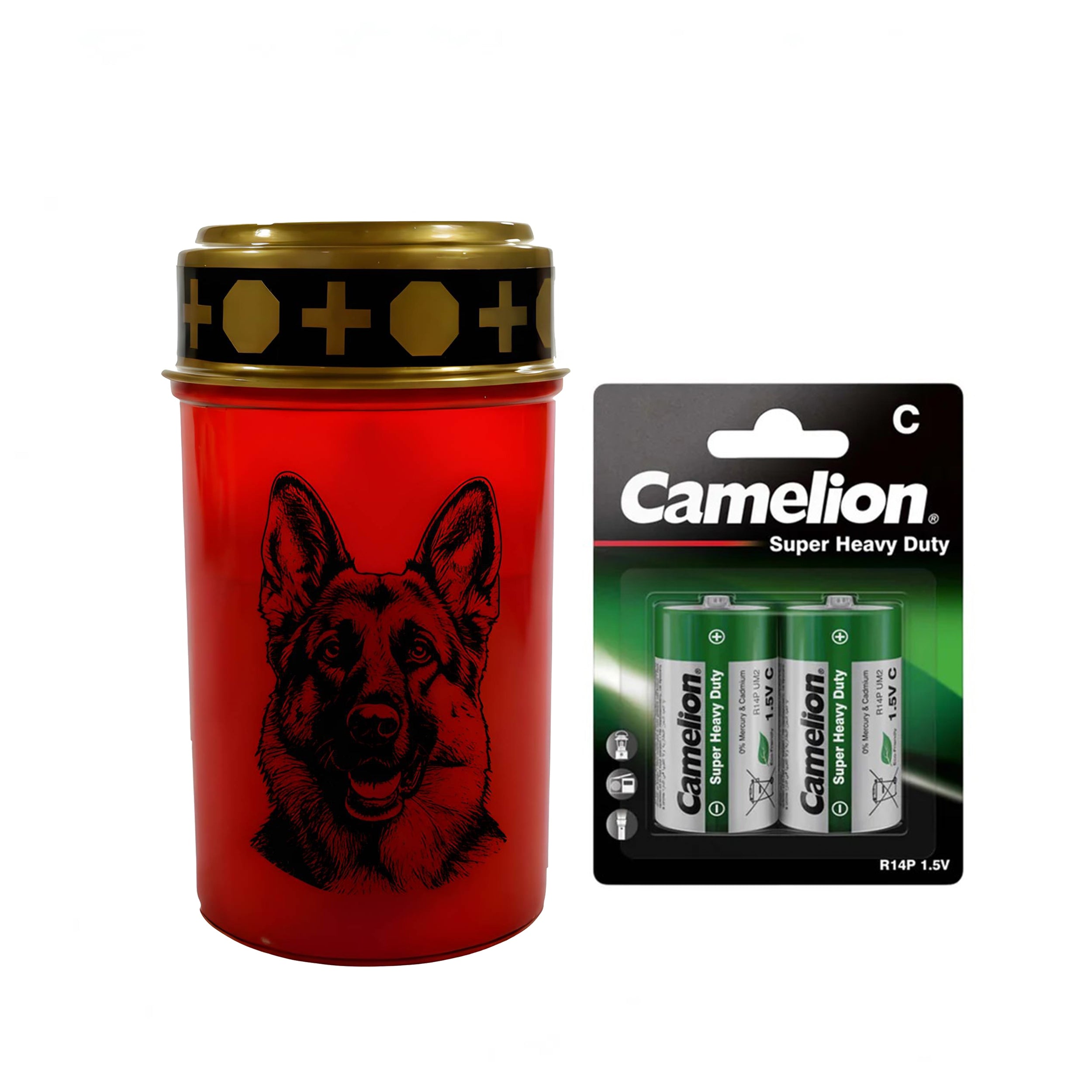 LED Grablicht Hund Grablicht LED mit 2 LR14 Batterien Grabschmuck Hund in Rot oder Weiß, verschiedene Motive zur Auswahl