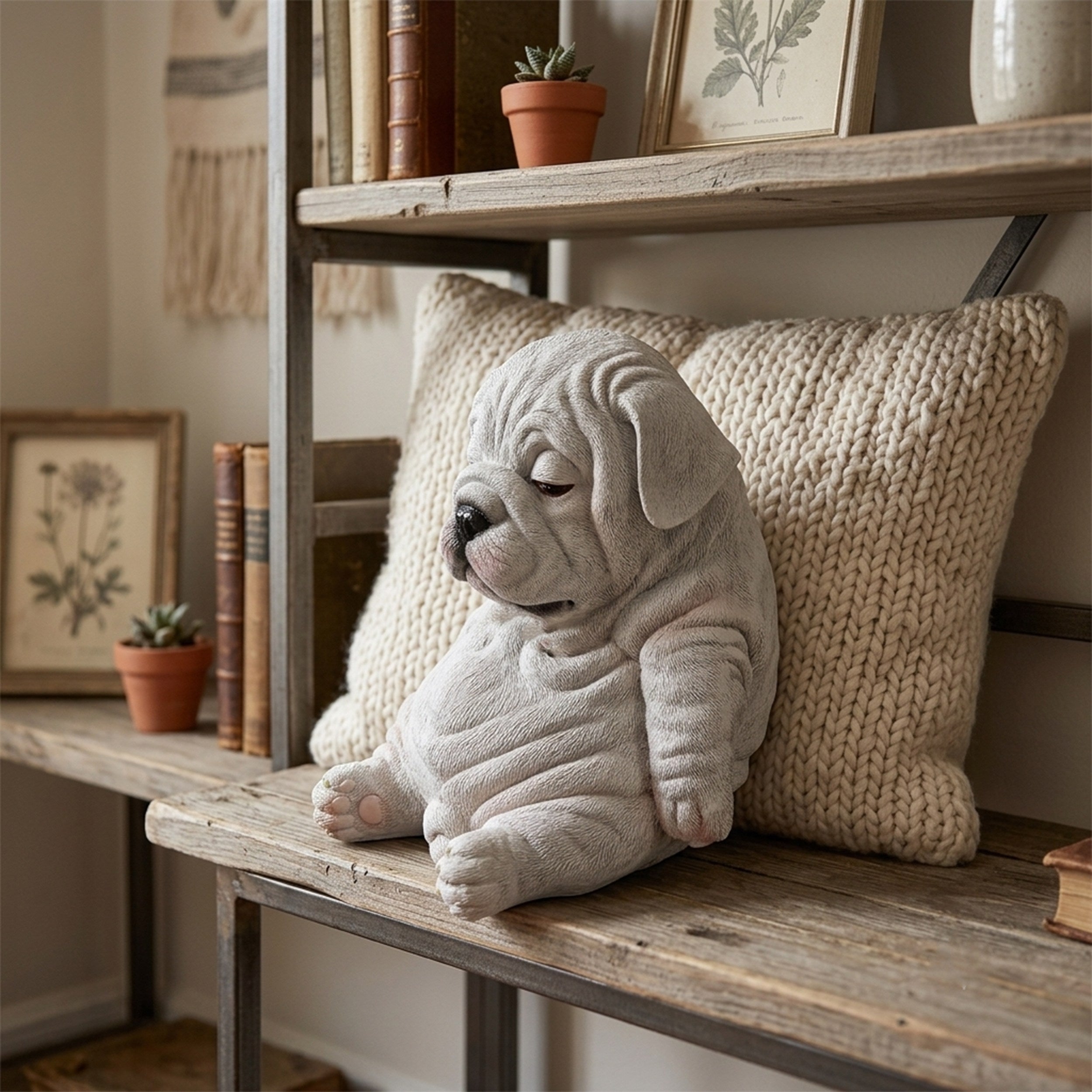 Hundefigur Englische Bulldogge Tierfigur Dekofigur Welpe sitzend weiß