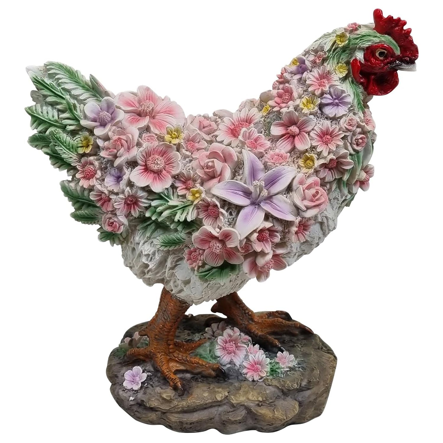 Huhn Henne Tierfigur Huhnfigur stehend mit Blumendekor Gartenfigur Dekofigur