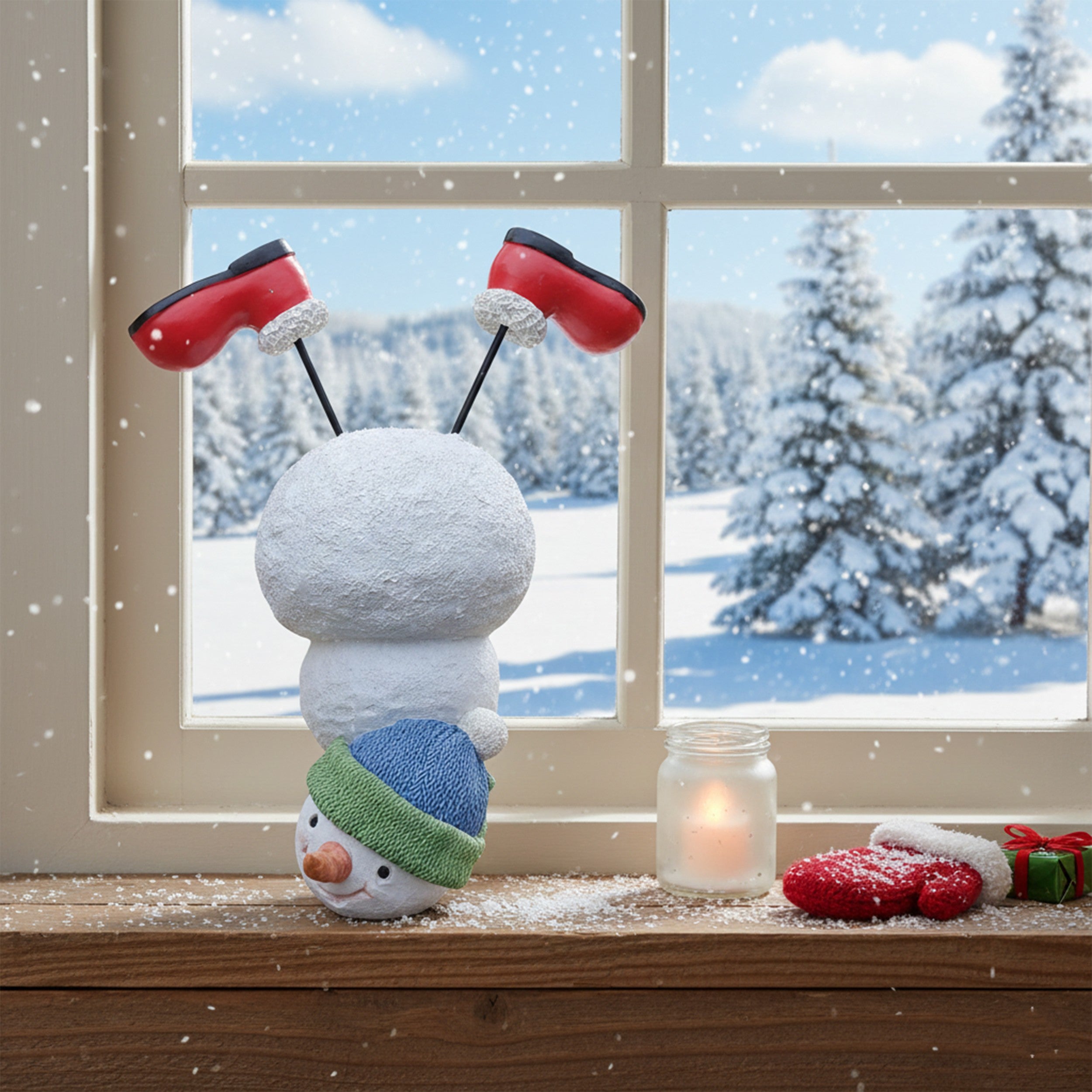 Lustige Weihnachtsdeko Schneemann im Handstand wetterfest