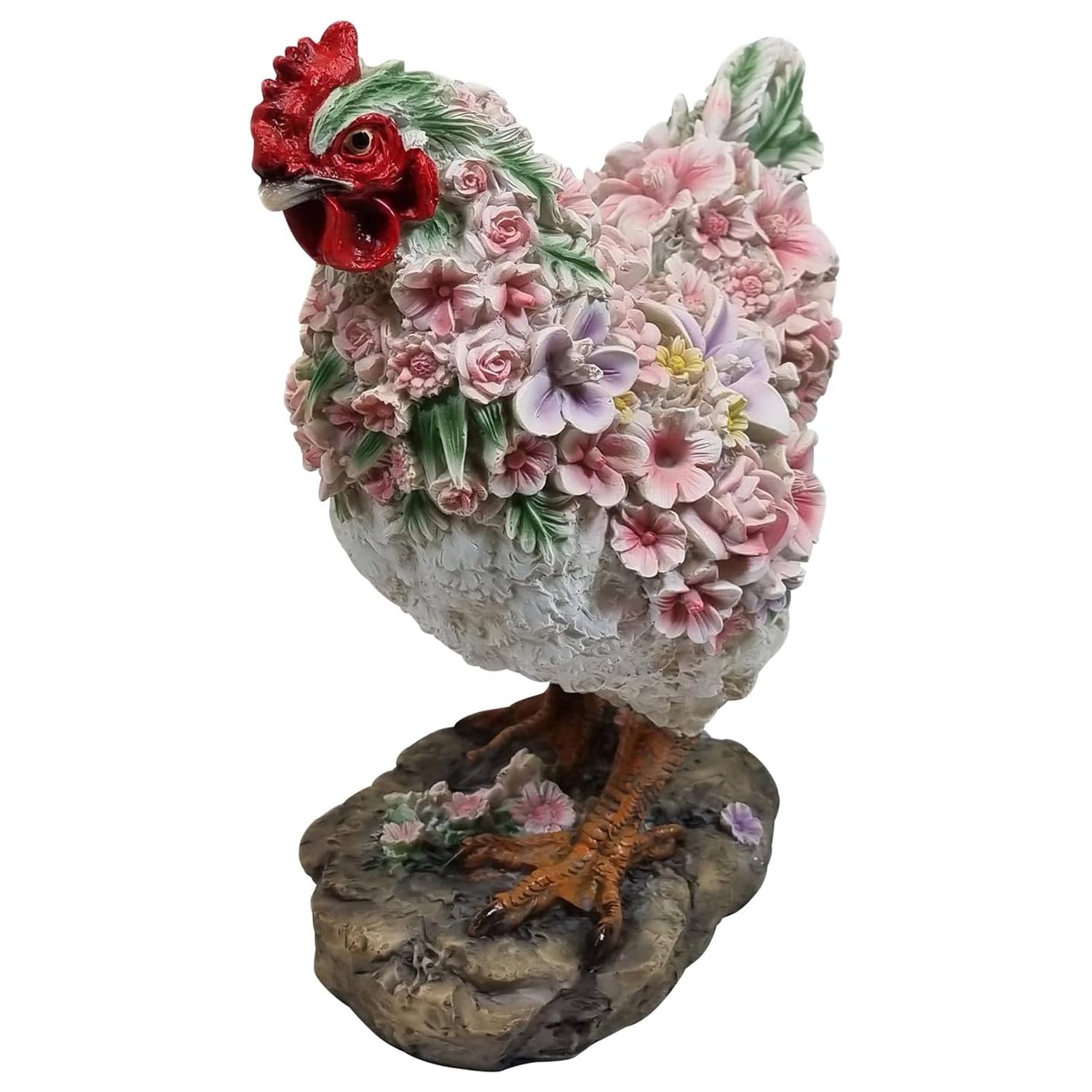 Huhn Henne Tierfigur Huhnfigur stehend mit Blumendekor Gartenfigur Dekofigur