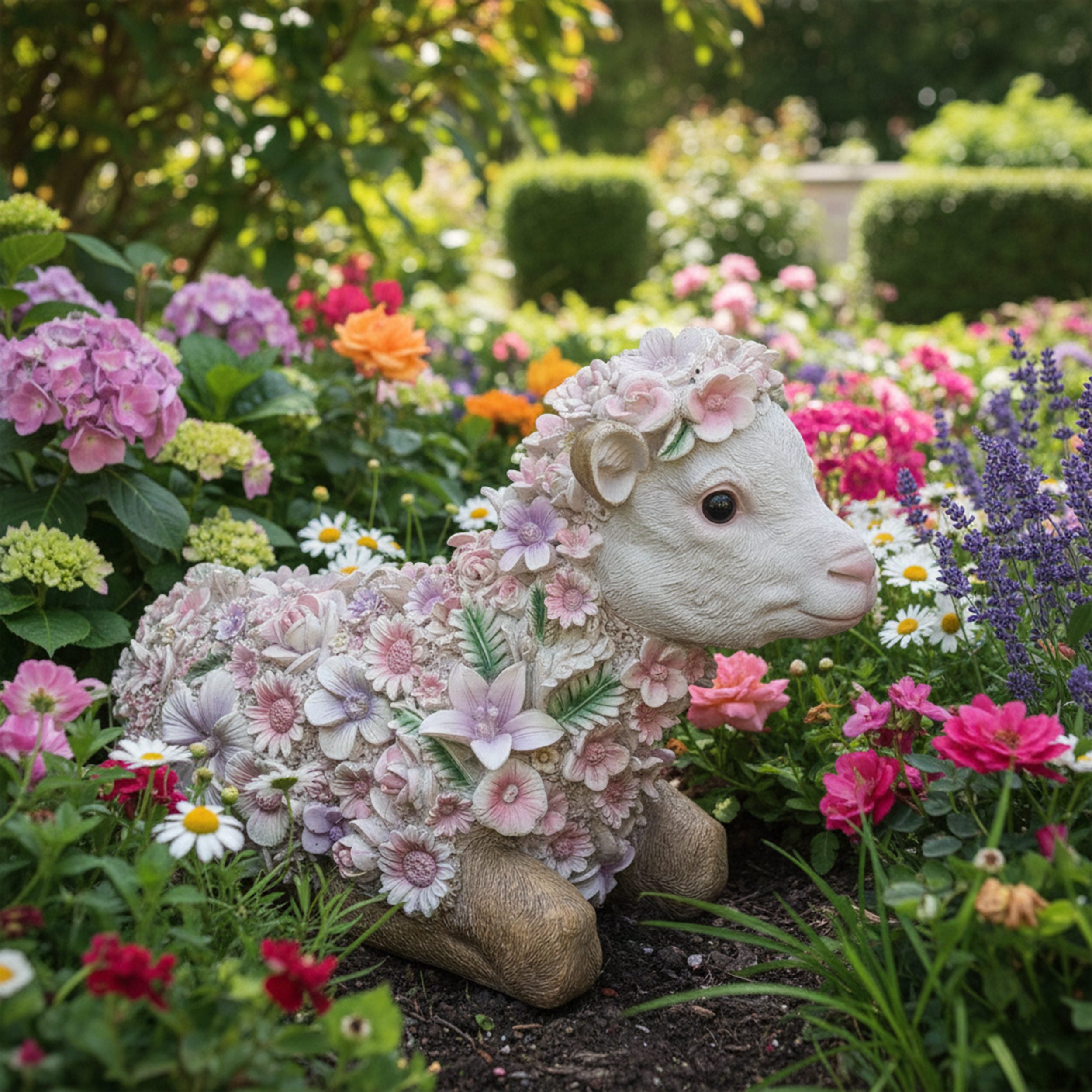 Dekofigur Ziege mit Blumen wetterfest handbemalt