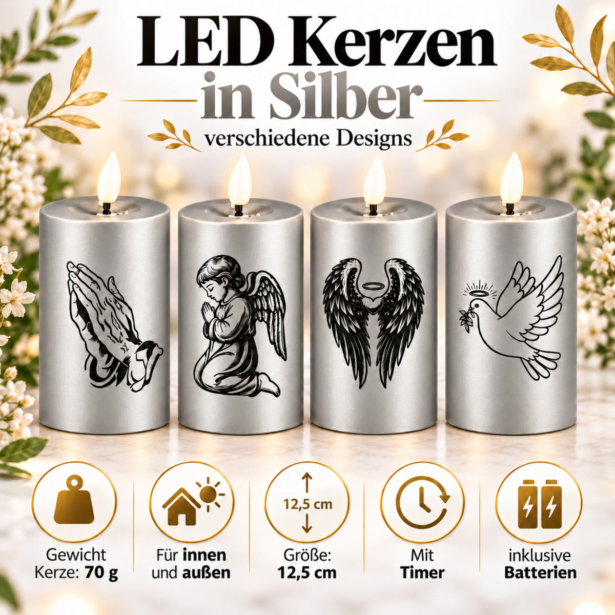 LED Grabkerzen Gold & Silber mit Timer & Varta Batterien – Grabkerze LED / LED Grablicht mit Motiv