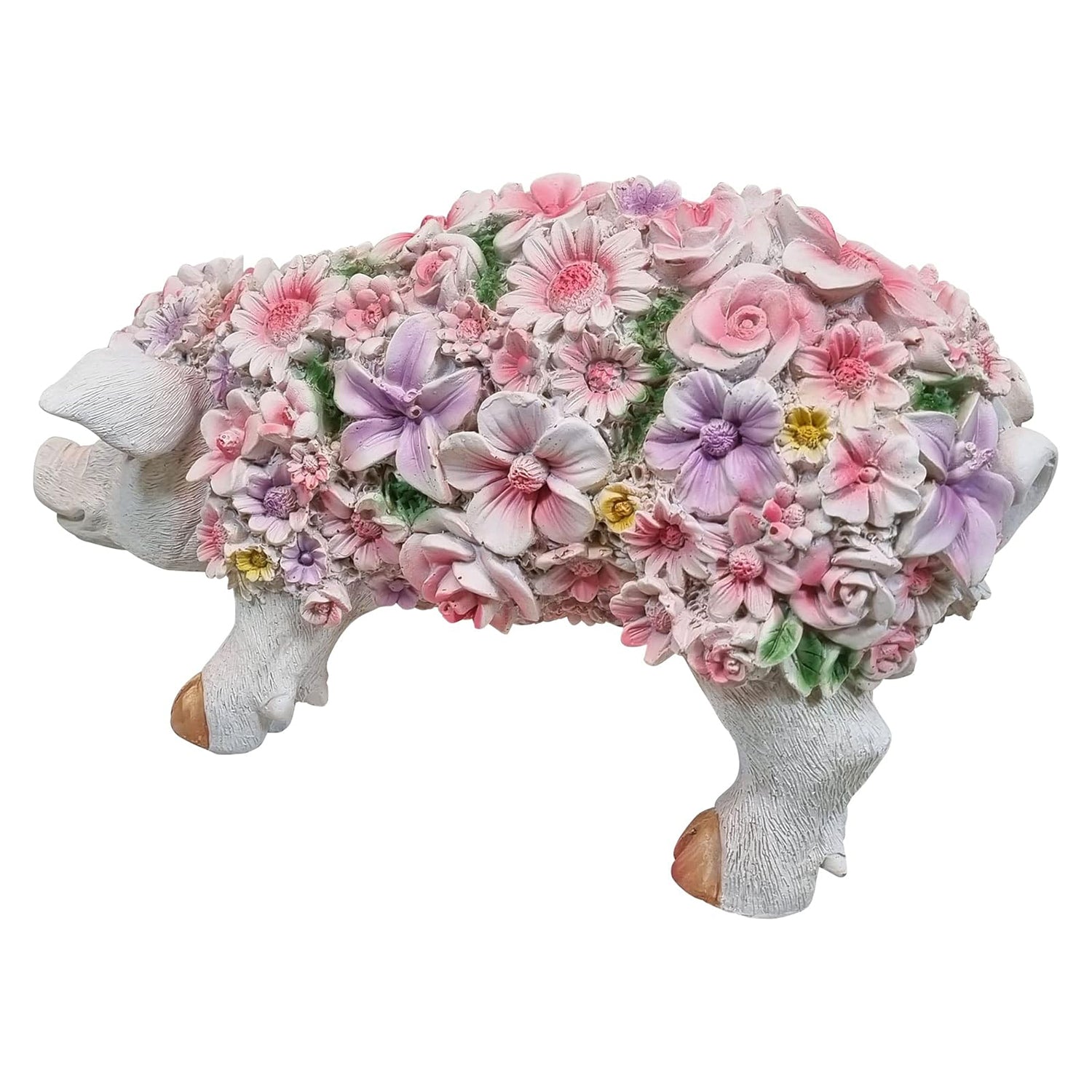 Schwein Schweinchen stehend mit Blumendekor Tierfigur Gartenfigur Dekofigur