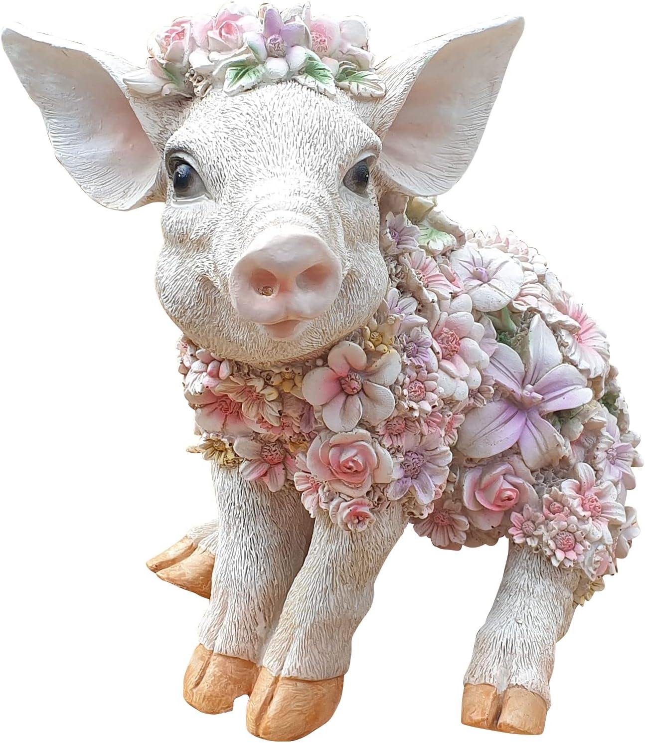 Schwein Dekofigur Schweinchen Tierfigur sitzend mit Blumendekor Gartenfigur