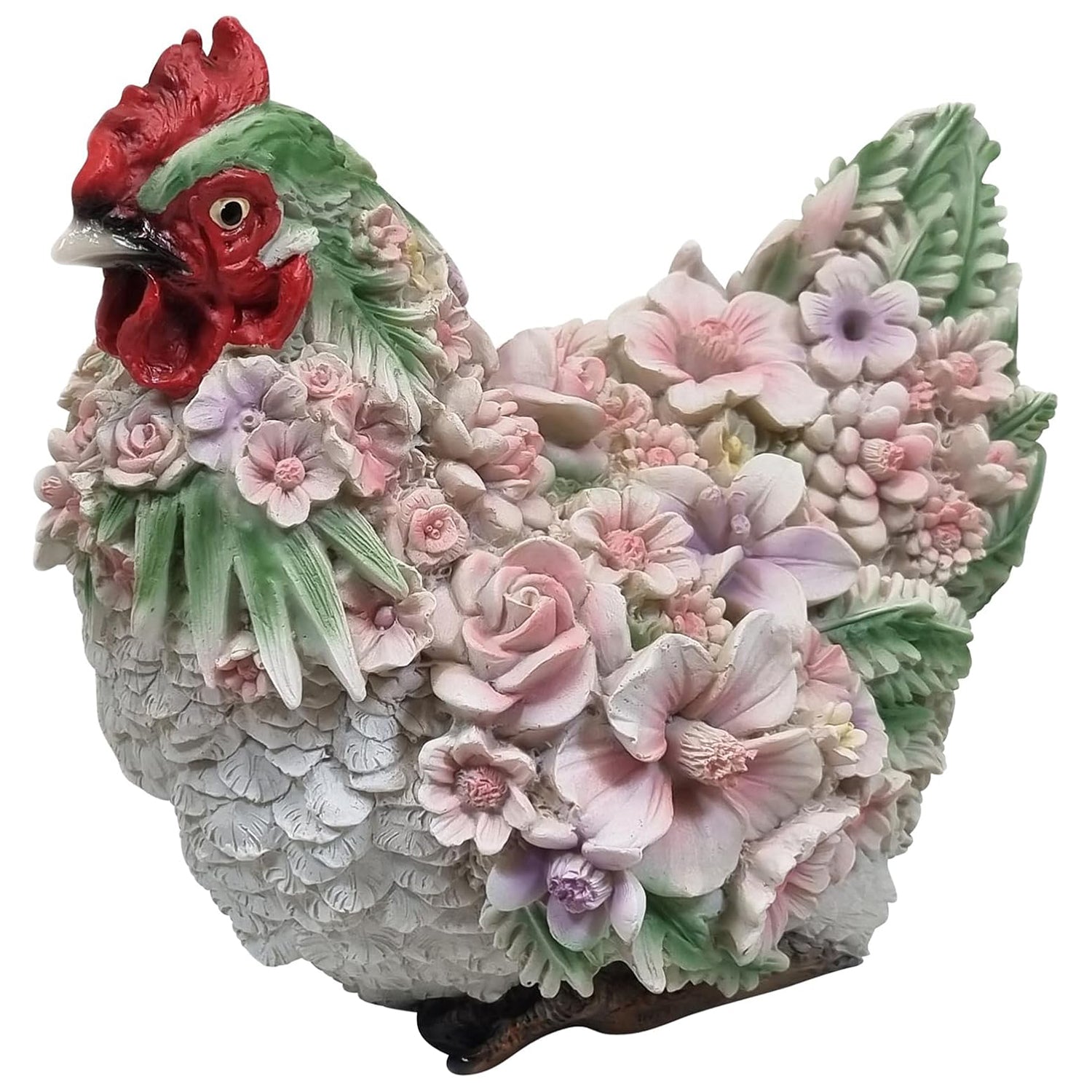 Huhn Henne Tierfigur Huhnfigur sitzend mit Blumendekor Gartenfigur Dekofigur