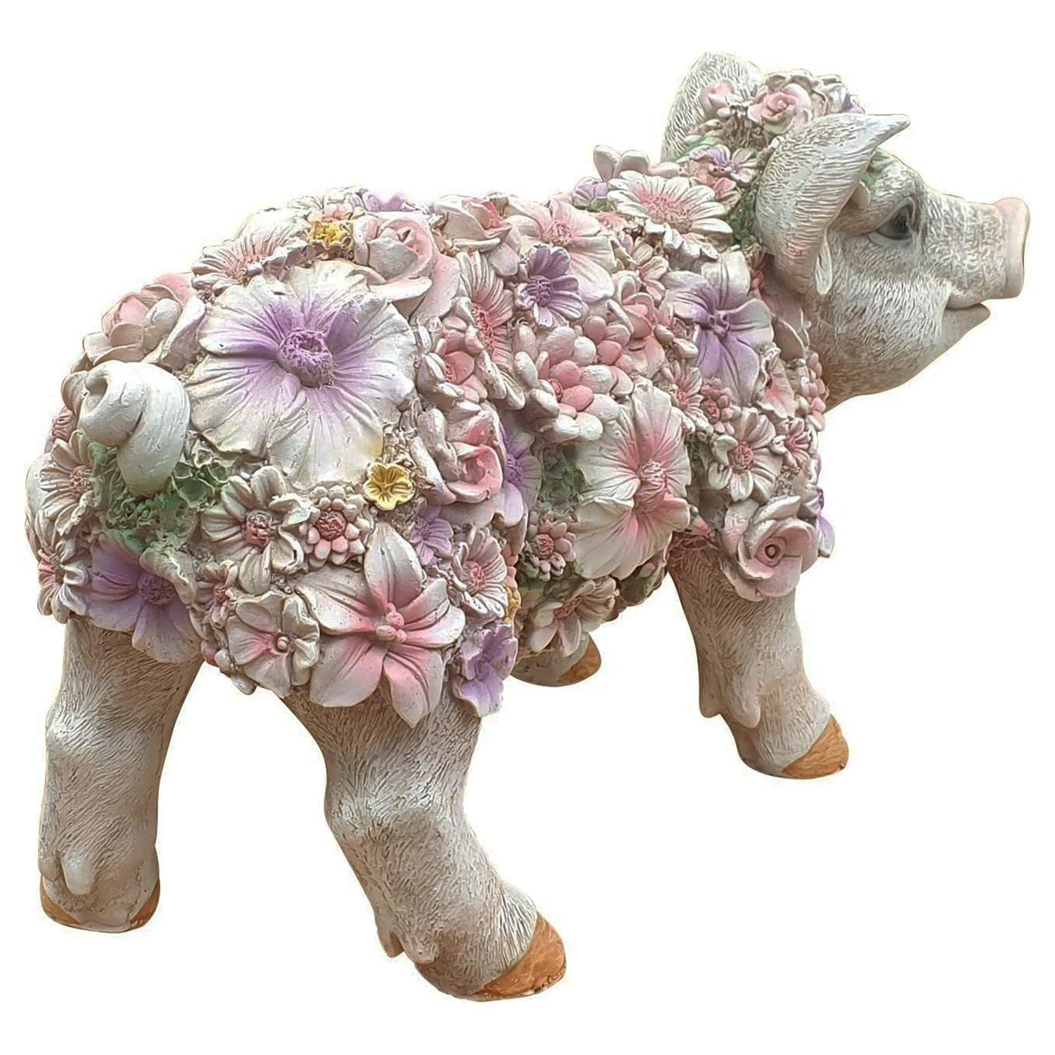 Schwein Schweinchen Tierfigur stehend mit Blumendekor Gartenfigur Dekofigur