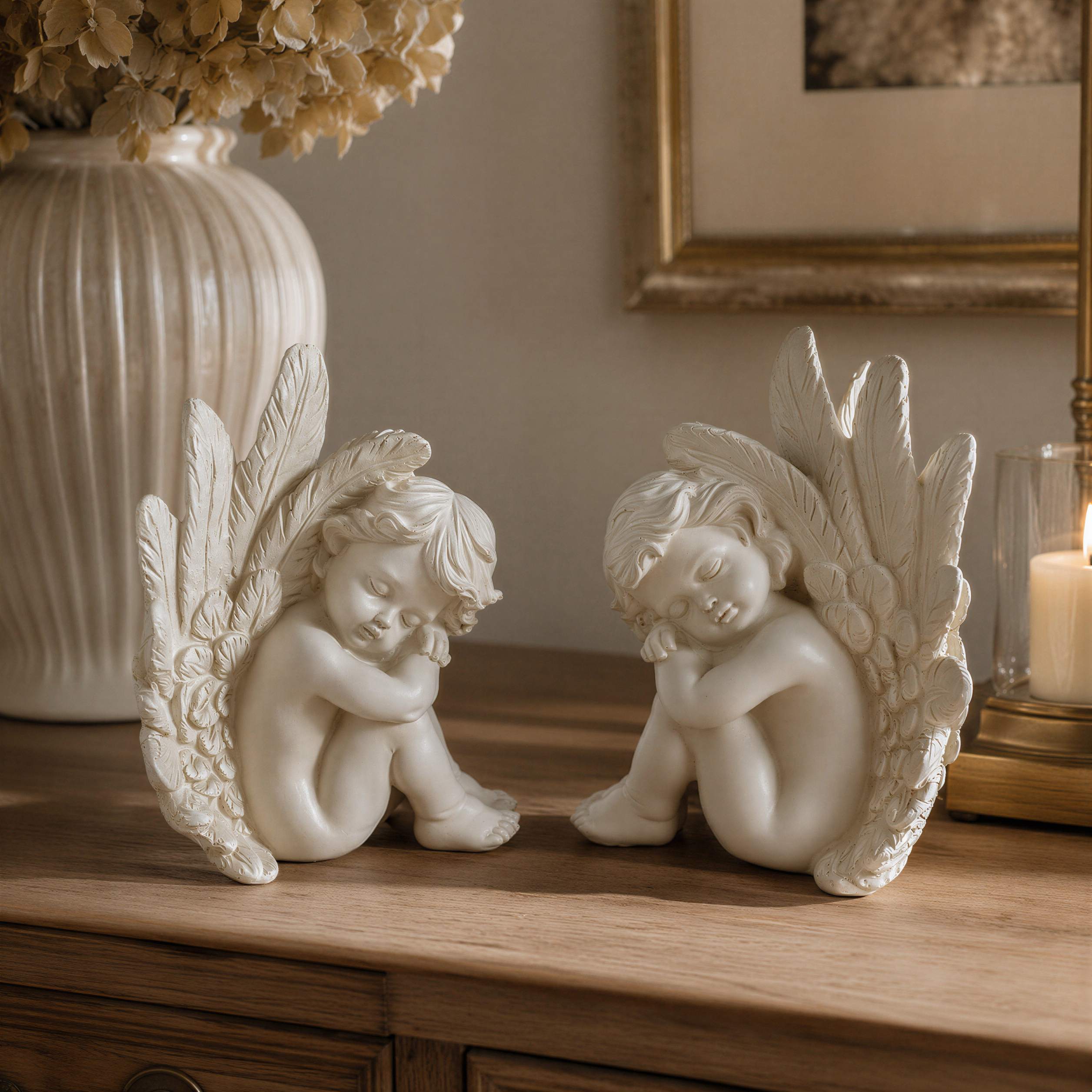 Engel Figur 2er Set Grabengel weiß sitzend Grabschmuck Grabdeko für Friedhof Garten und Zuhause wetterfest