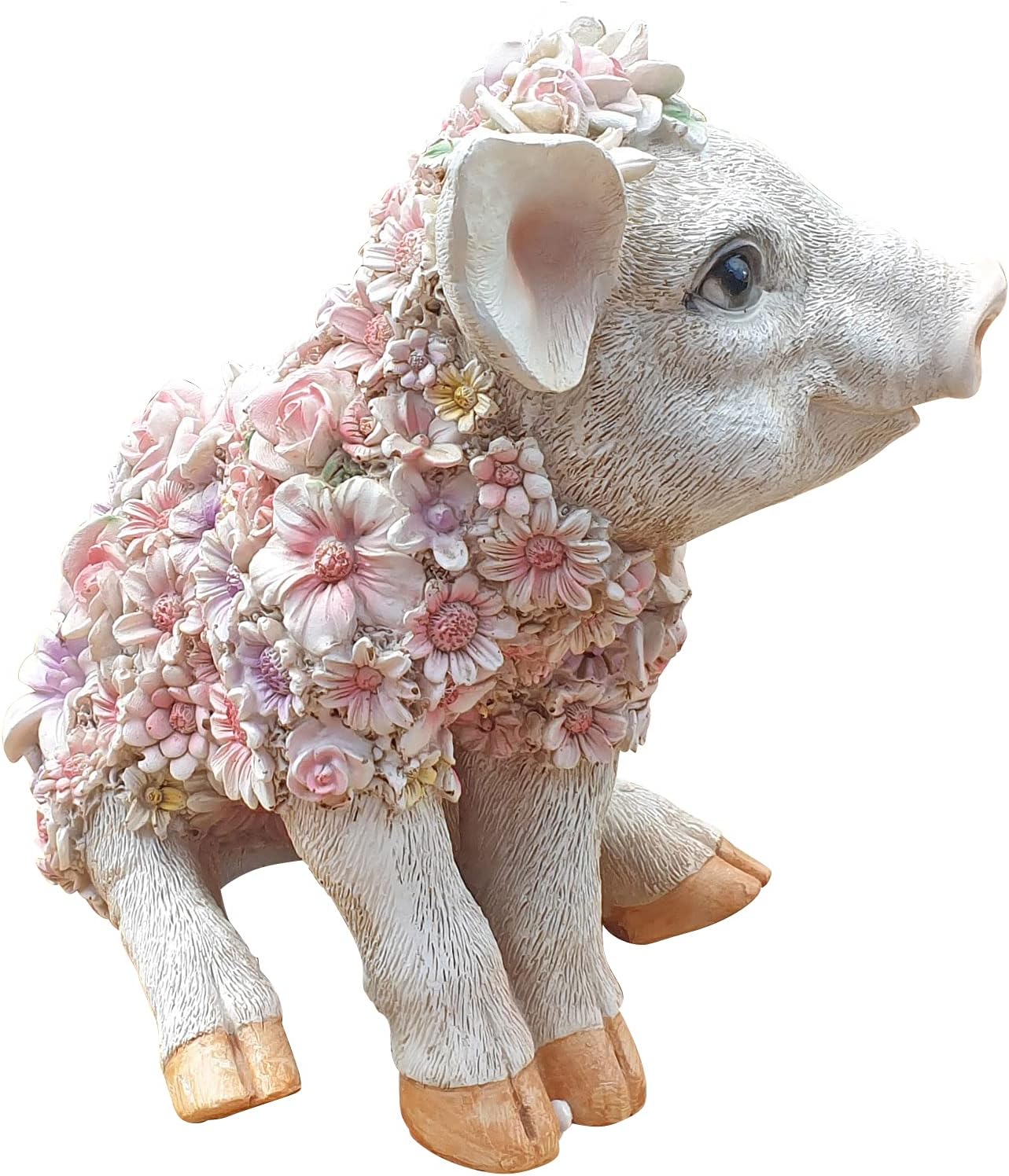 Schwein Dekofigur Schweinchen Tierfigur sitzend mit Blumendekor Gartenfigur