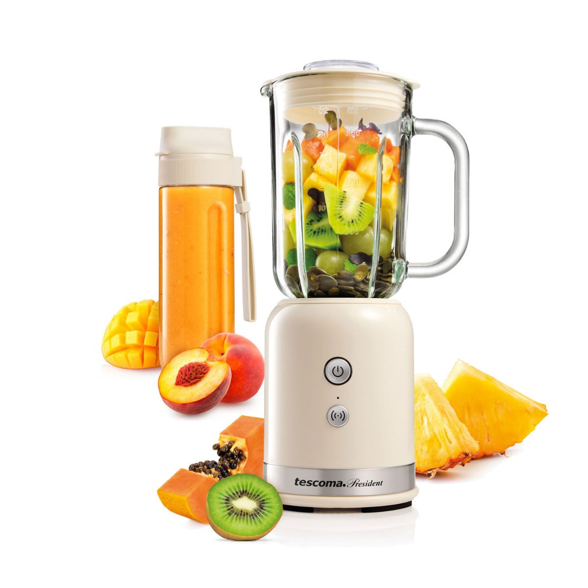 Smoothie Maker PRESIDENT von Tescoma – 2-in-1 Standmixer mit Reiseflasche Beige