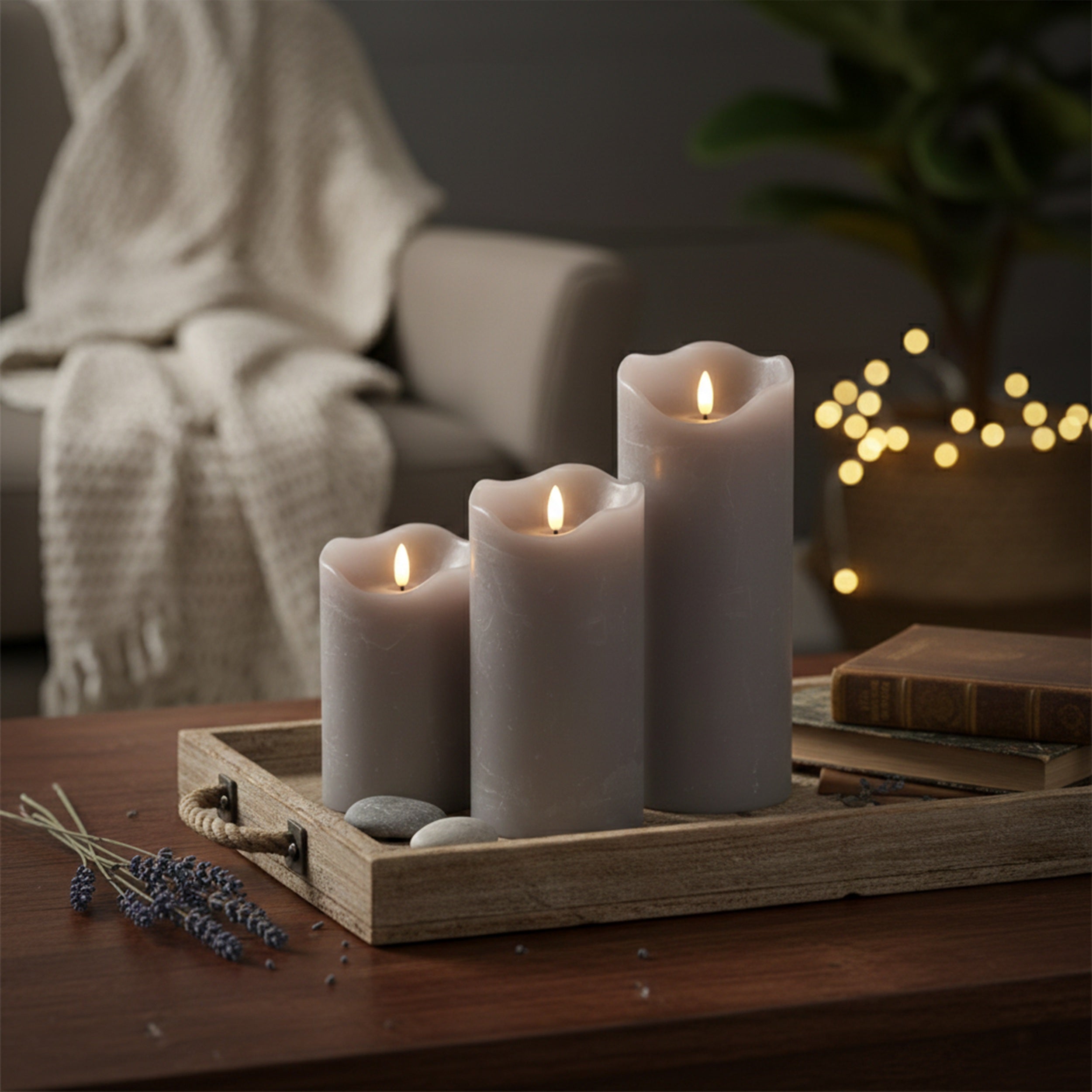 LED Kerze grau mit 3D Flamme Echtwachs Optik Timer 6h 18h Indoor Deko Kerze flackernd batteriebetrieben in drei Größen