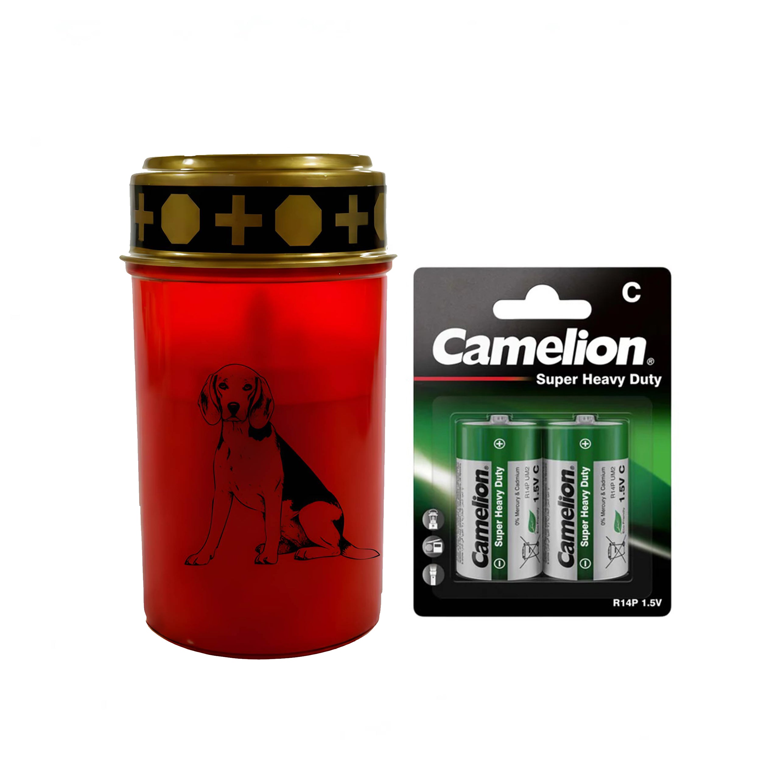 LED Grablicht Hund Grablicht LED mit 2 LR14 Batterien Grabschmuck Hund in Rot oder Weiß, verschiedene Motive zur Auswahl